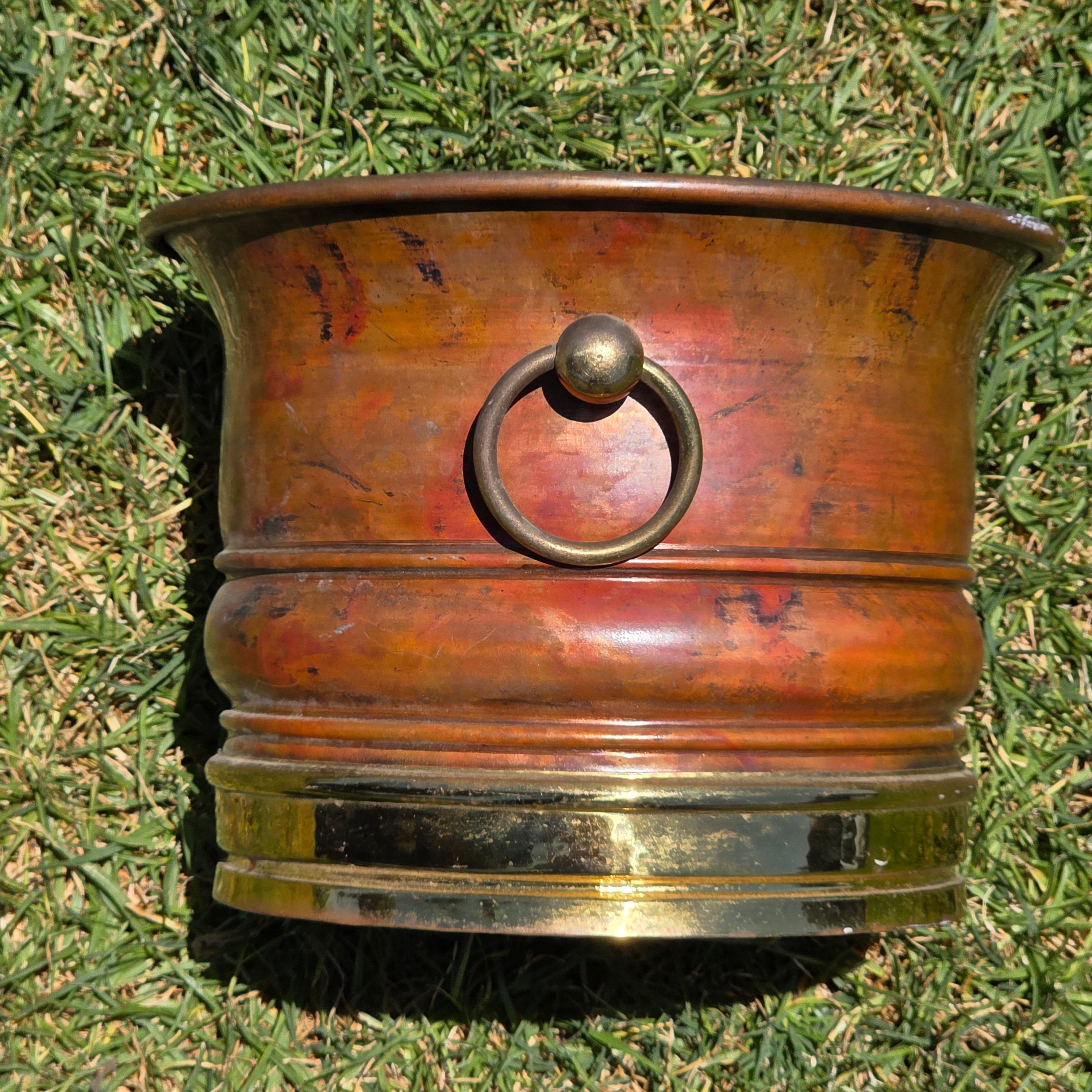 Vintage Copper Brass Cachepot Planter Pot Ring Handles Rustic Jardiniere 10.5"