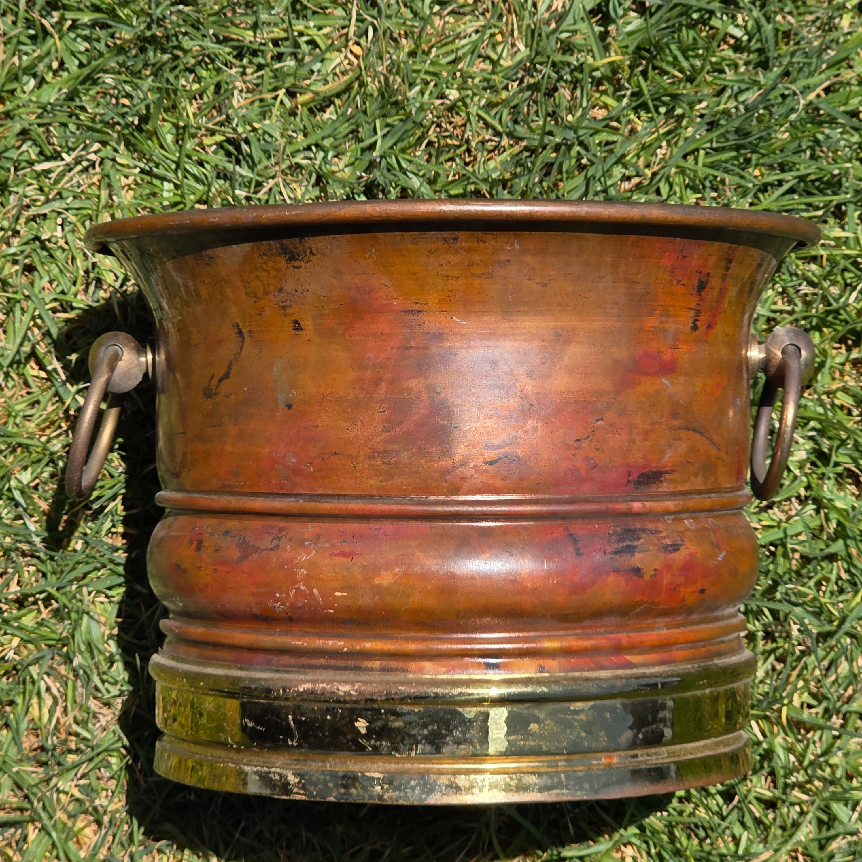 Vintage Copper Brass Cachepot Planter Pot Ring Handles Rustic Jardiniere 10.5"