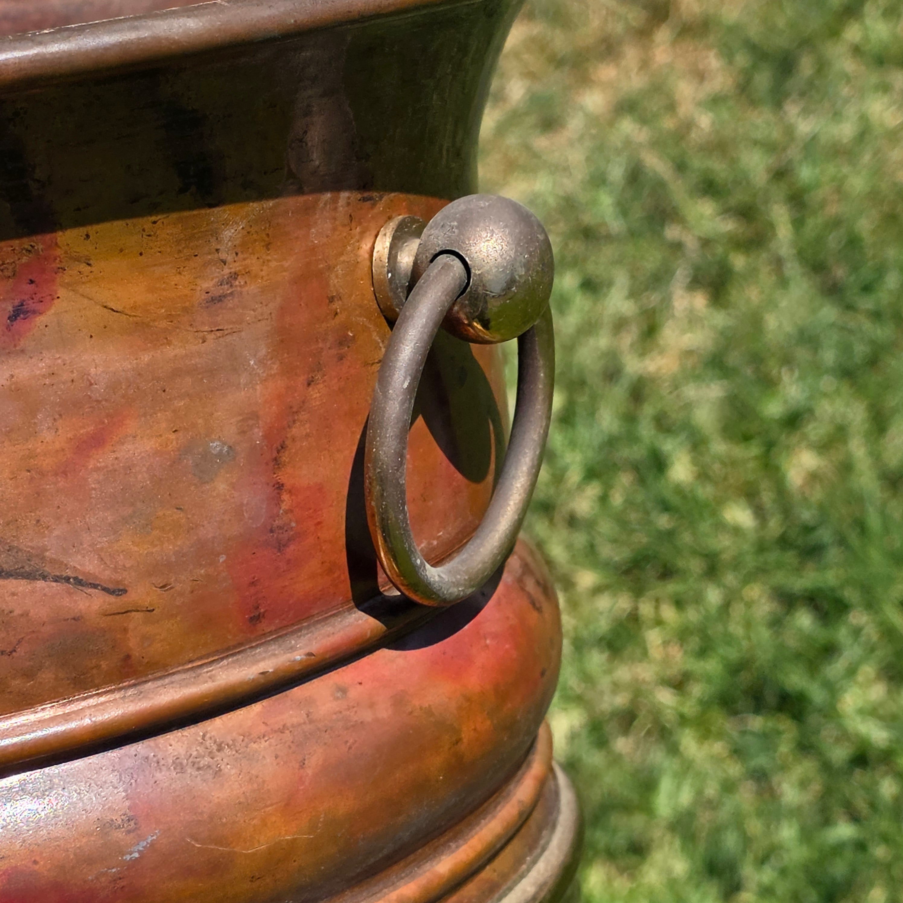 Vintage Copper Brass Cachepot Planter Pot Ring Handles Rustic Jardiniere 10.5"