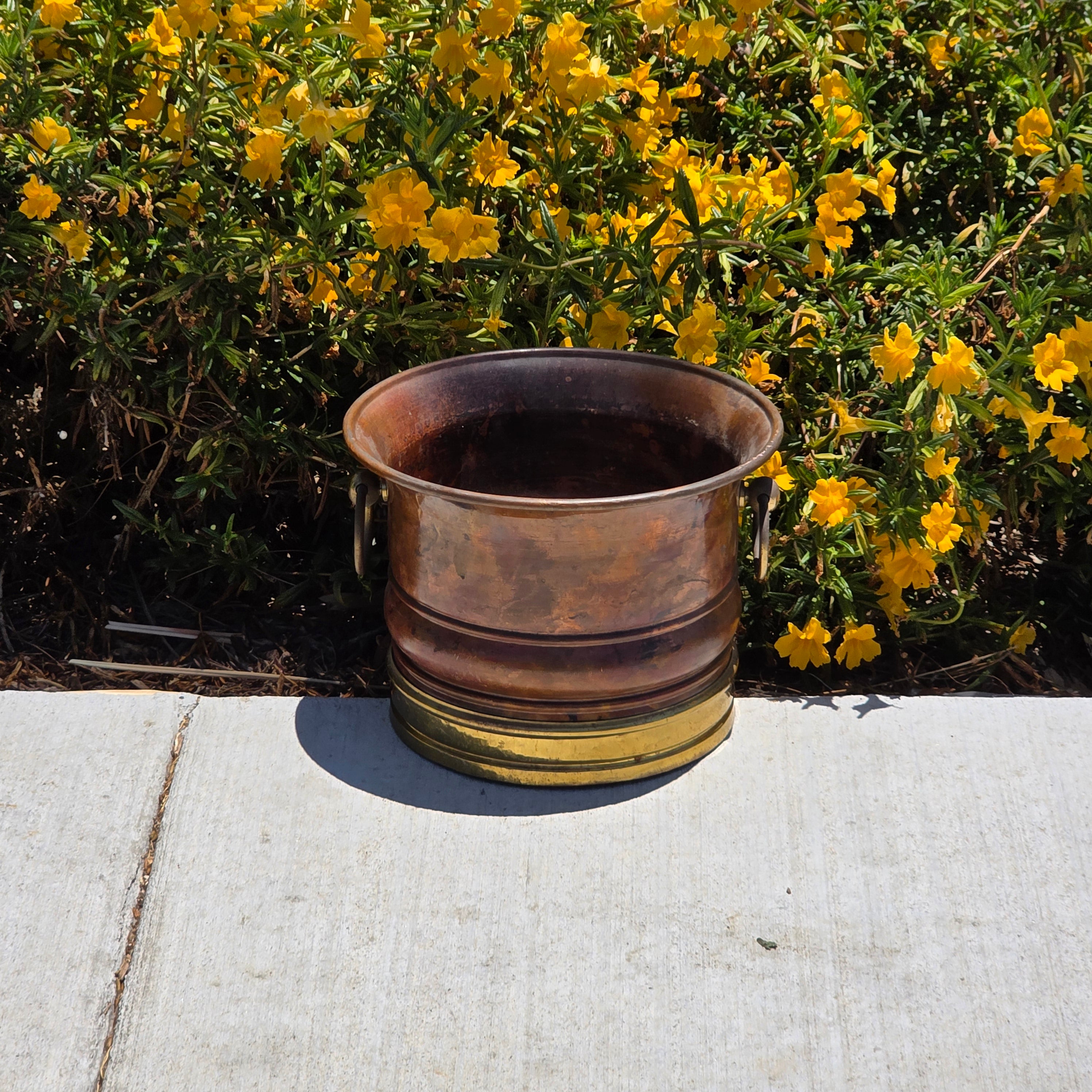 Vintage Copper Brass Cachepot Planter Pot Ring Handles Rustic Jardiniere 10.5"