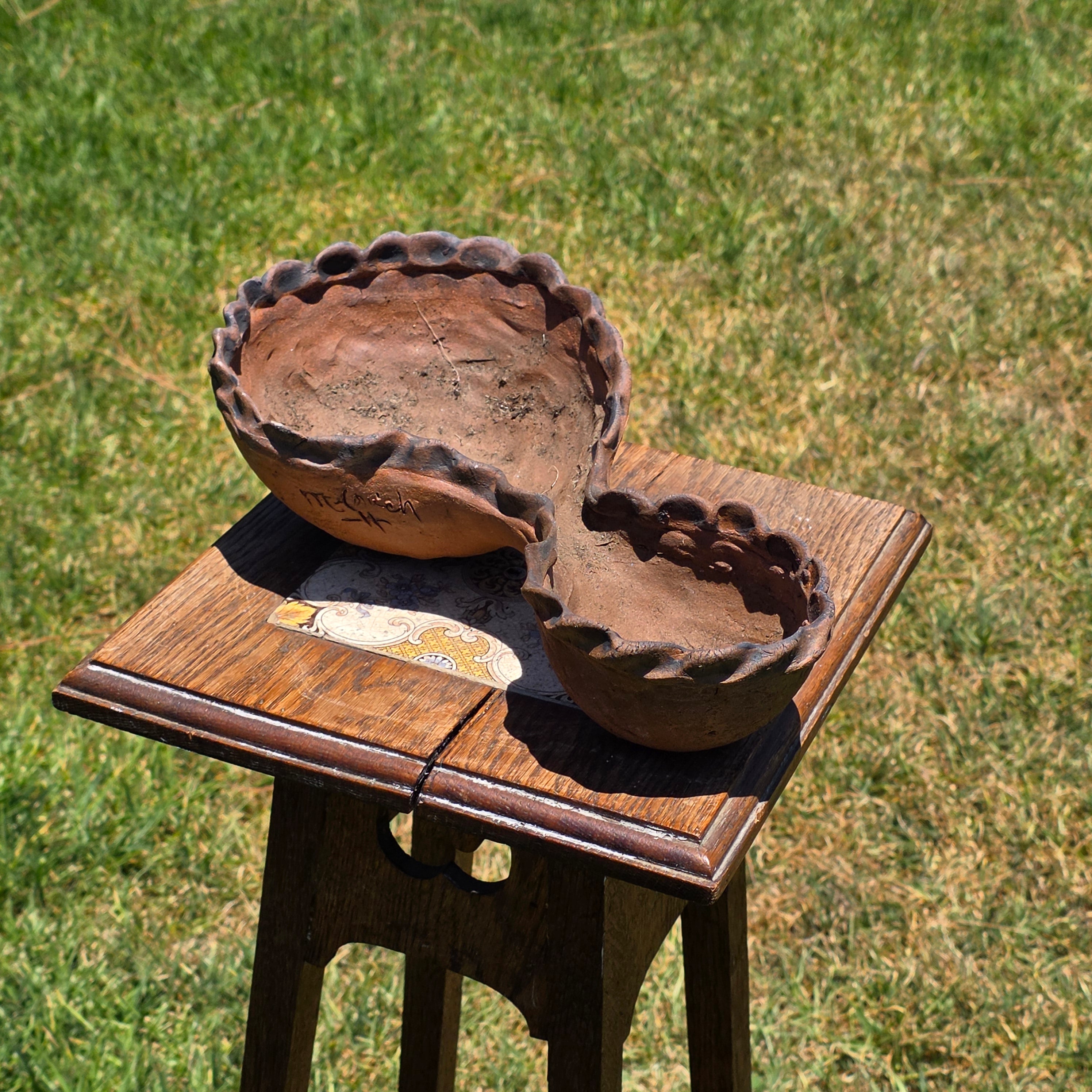 Vintage Terracotta Clay Double Bowl Planter Pinched Edge Rustic Studio Pottery