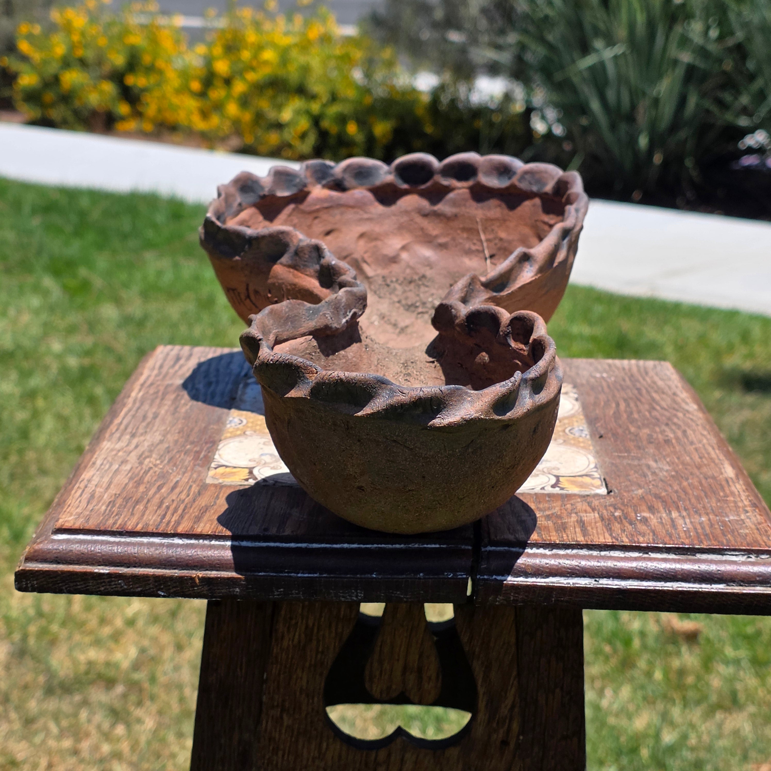 Vintage Terracotta Clay Double Bowl Planter Pinched Edge Rustic Studio Pottery