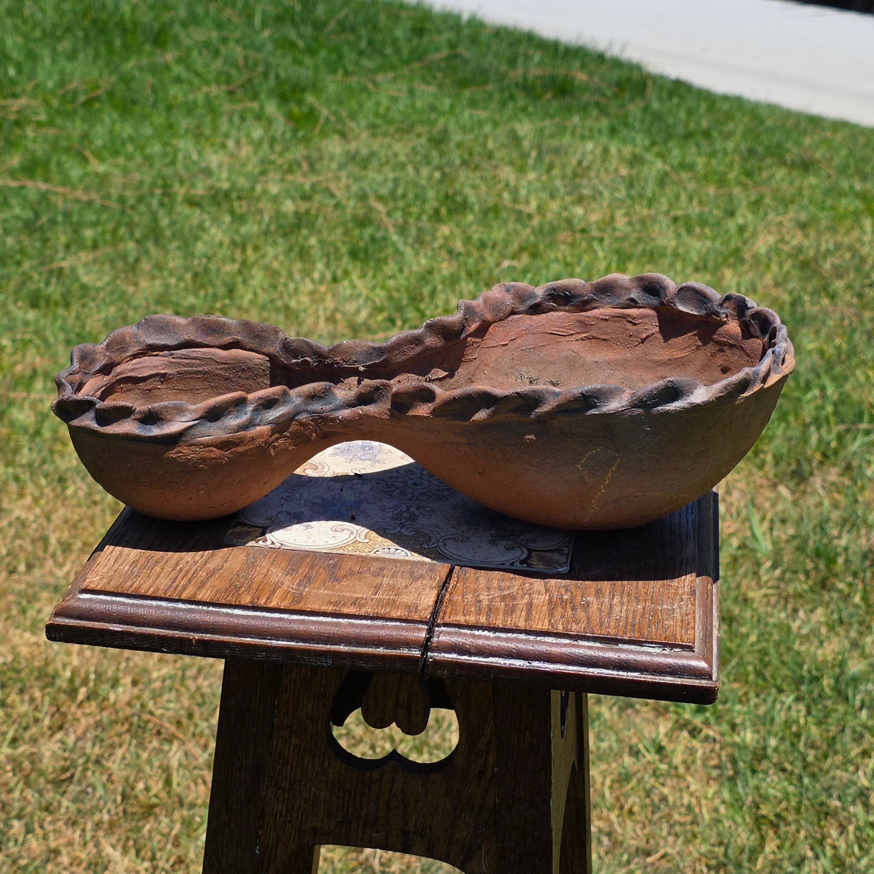 Vintage Terracotta Clay Double Bowl Planter Pinched Edge Rustic Studio Pottery