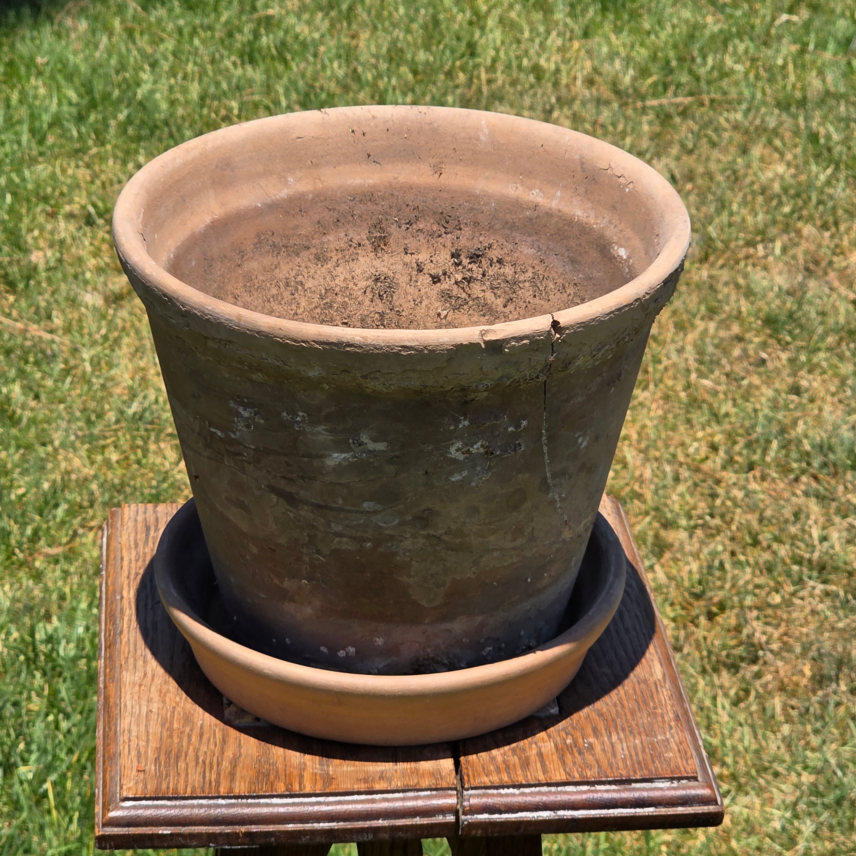 Vintage Terracotta Planter Pot w/ Saucer Weathered Rustic Shabby Chic Cracked