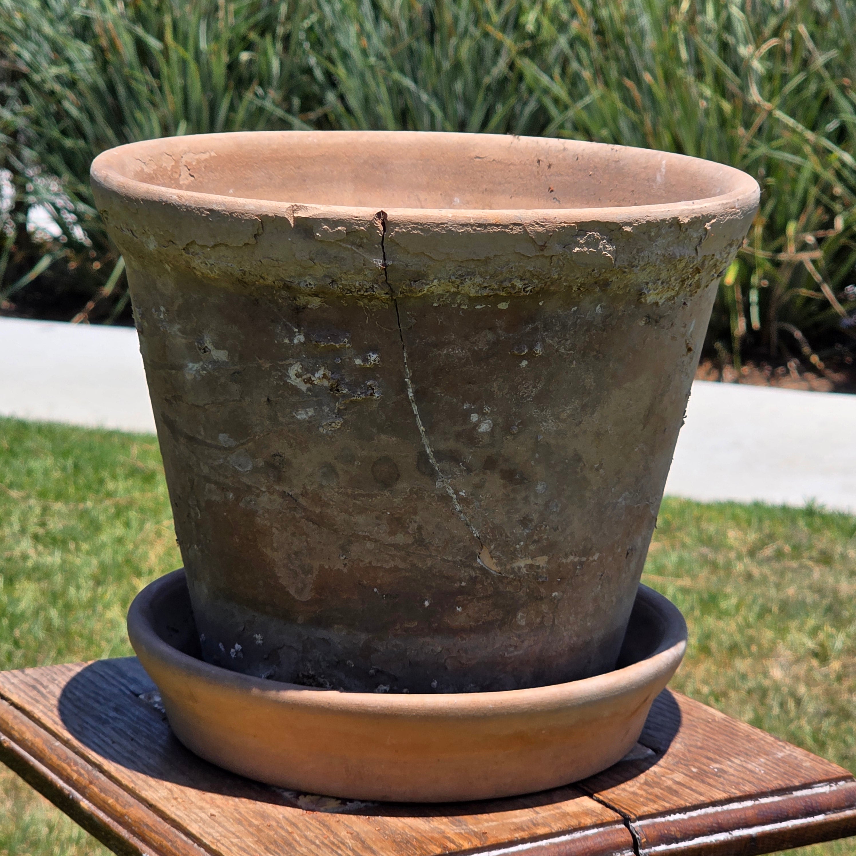 Vintage Terracotta Planter Pot w/ Saucer Weathered Rustic Shabby Chic Cracked