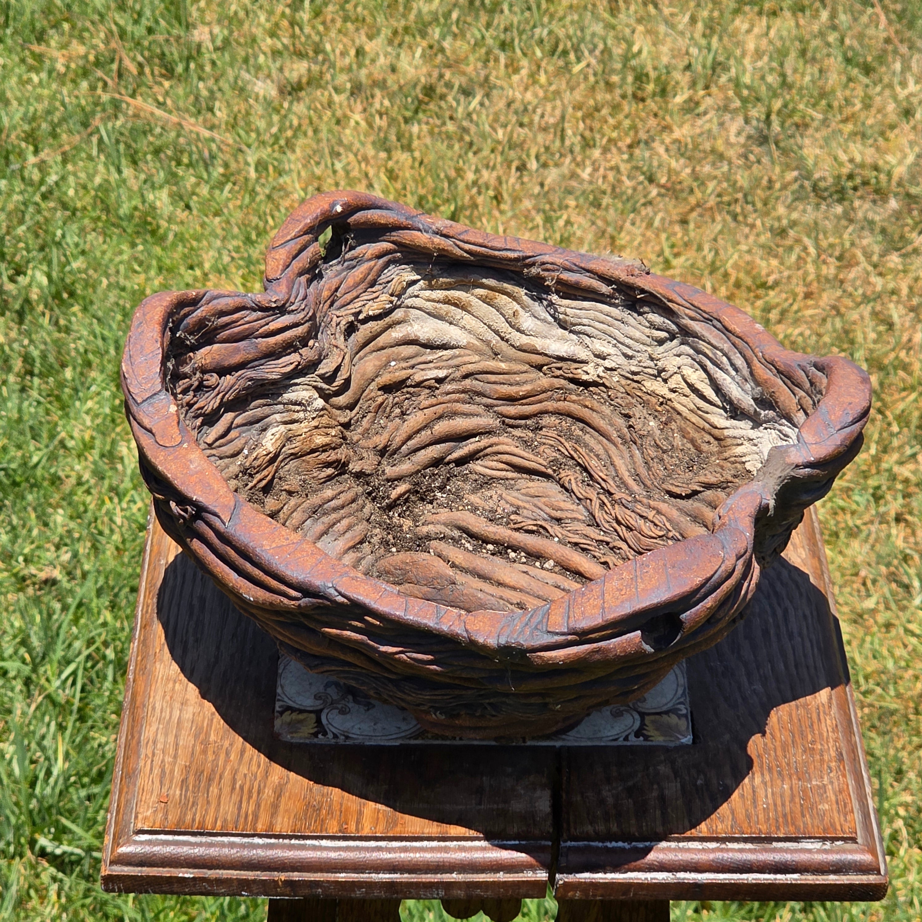 Vintage Faux Bois Root Vine Hanging Planter Heavy Pottery Rustic Brutalist Wabi