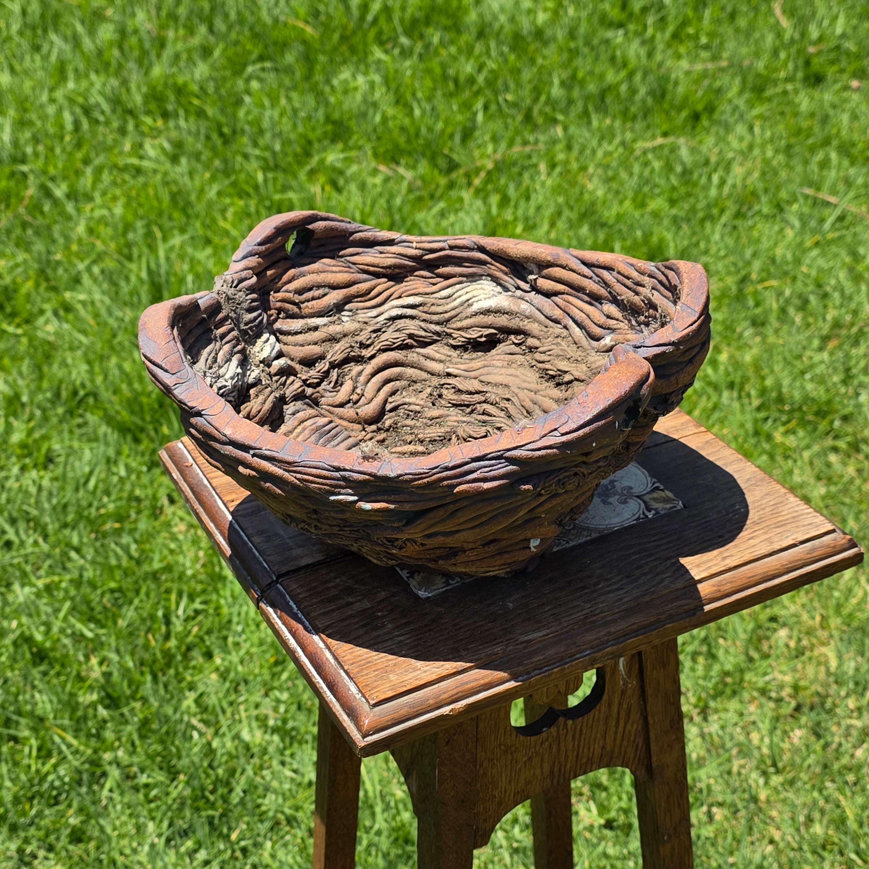 Vintage Faux Bois Root Vine Hanging Planter Heavy Pottery Rustic Brutalist Wabi