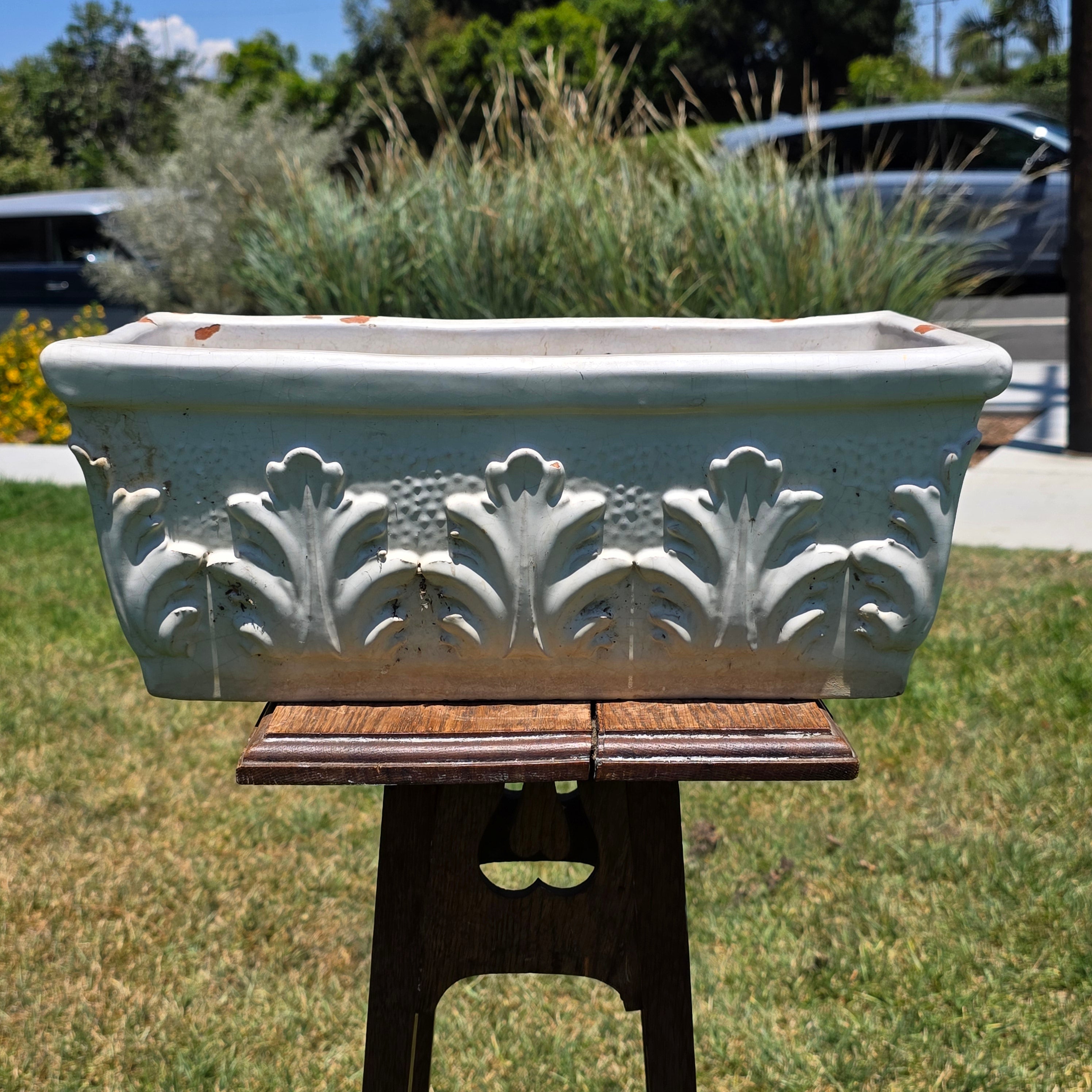 Vintage Italian White Glaze Terra Cotta Rectangular Planter Window Box Acanthus