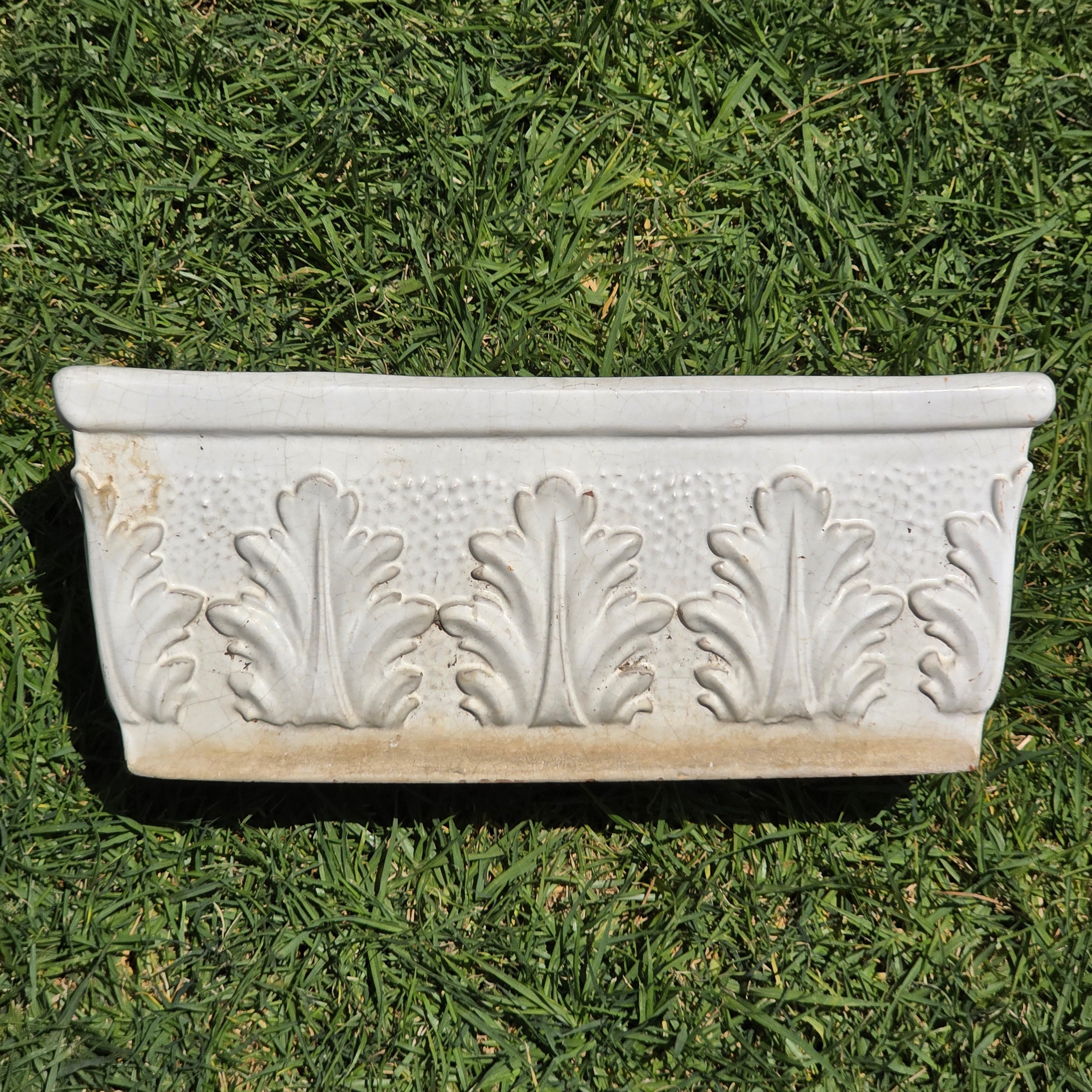 Vintage Italian White Glaze Terra Cotta Rectangular Planter Window Box Acanthus