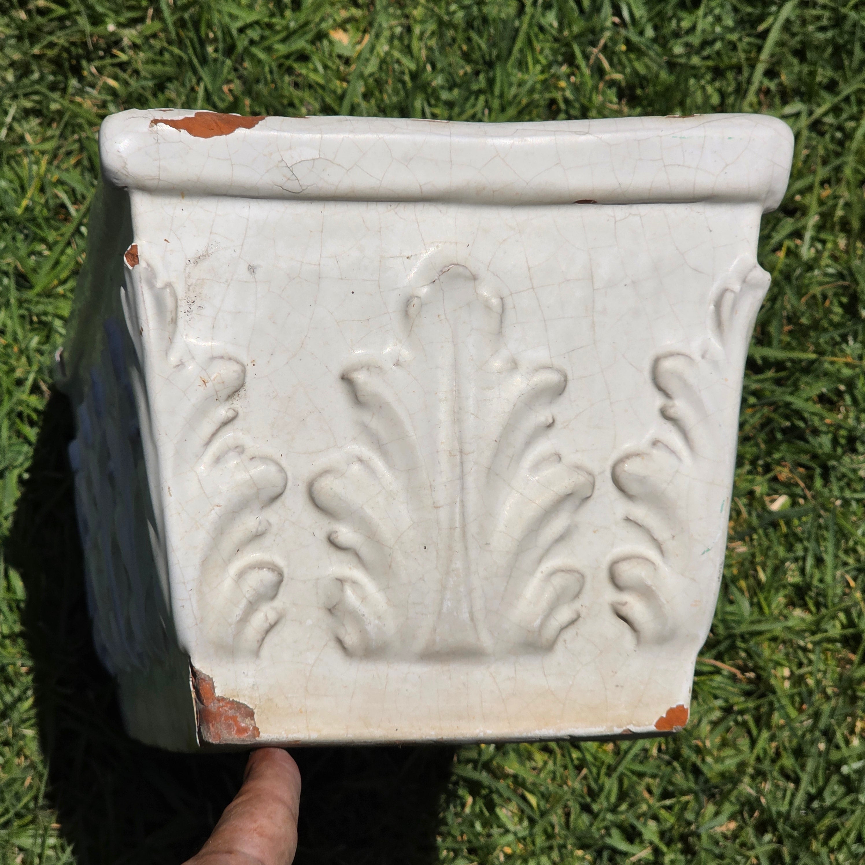 Vintage Italian White Glaze Terra Cotta Rectangular Planter Window Box Acanthus