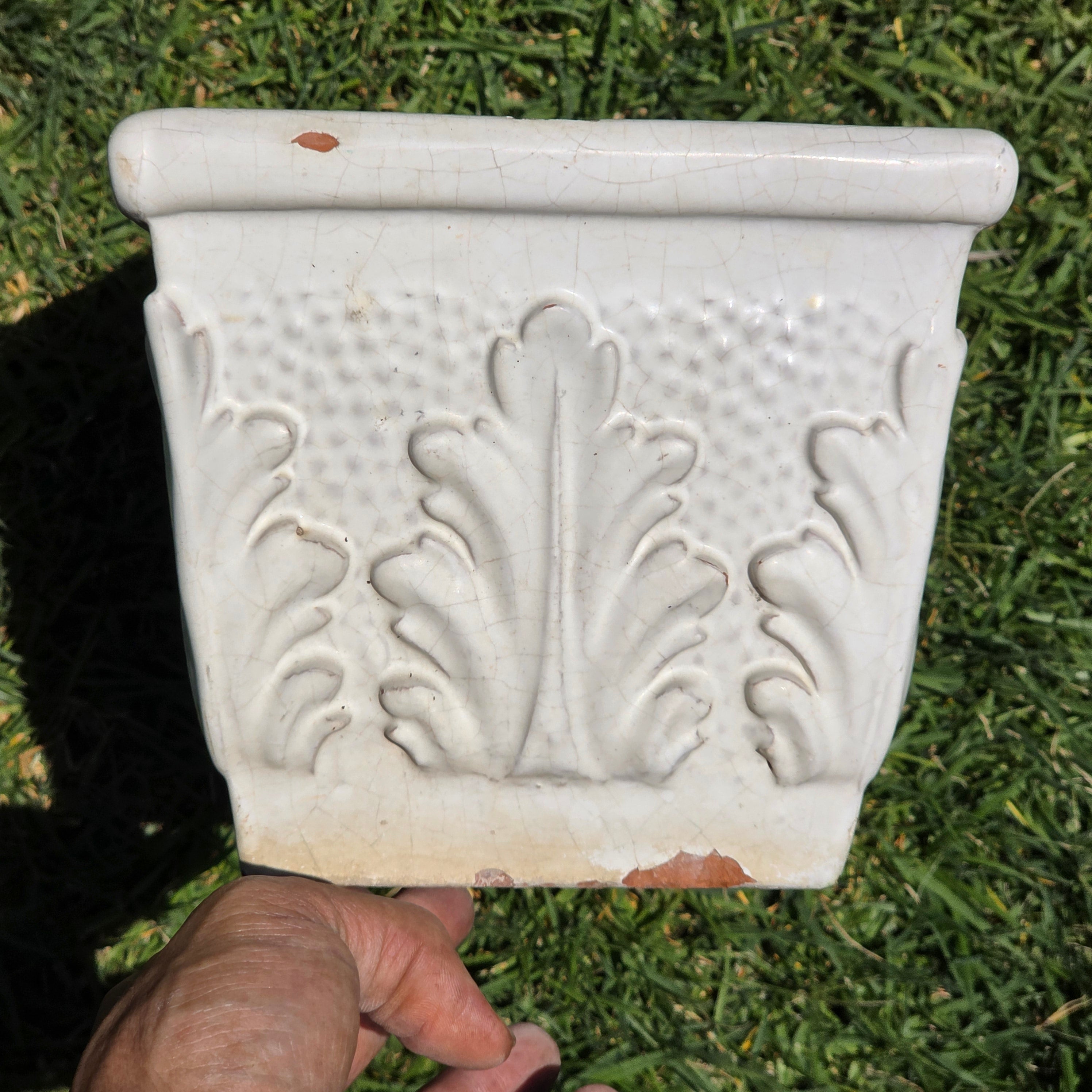 Vintage Italian White Glaze Terra Cotta Rectangular Planter Window Box Acanthus
