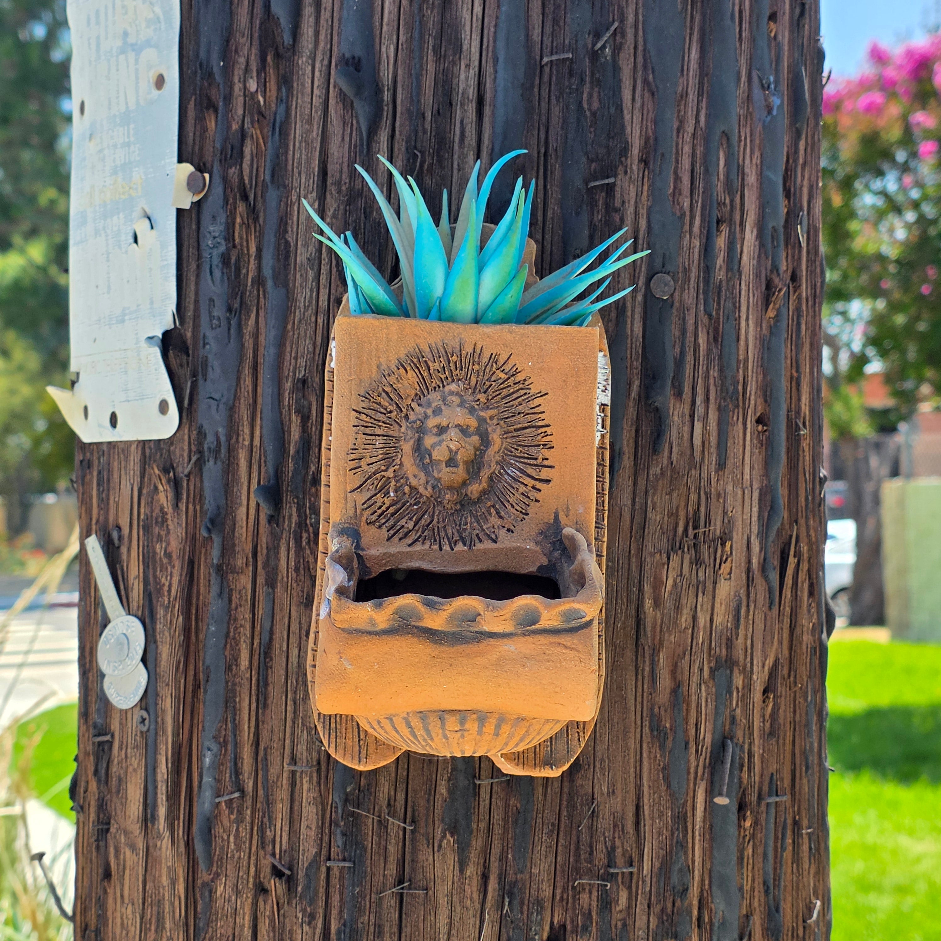 Vintage Terra Cotta Wall Pocket Planter Lion Head Sconce Signed Boho Succulent