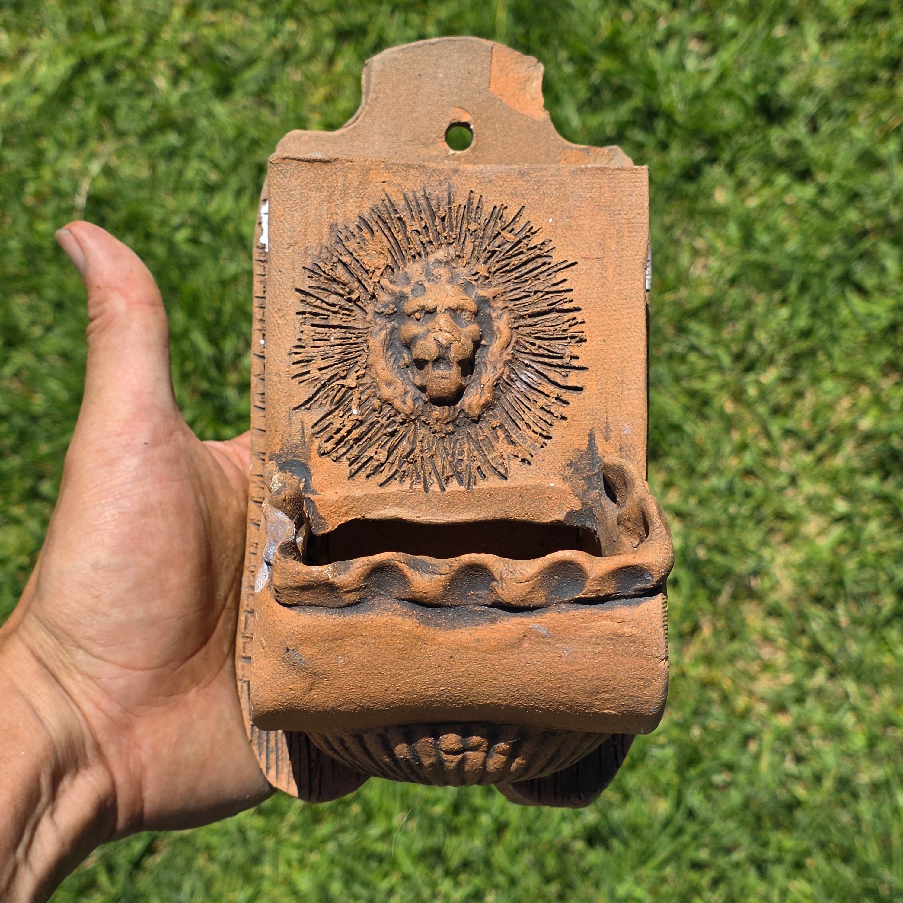 Vintage Terra Cotta Wall Pocket Planter Lion Head Sconce Signed Boho Succulent