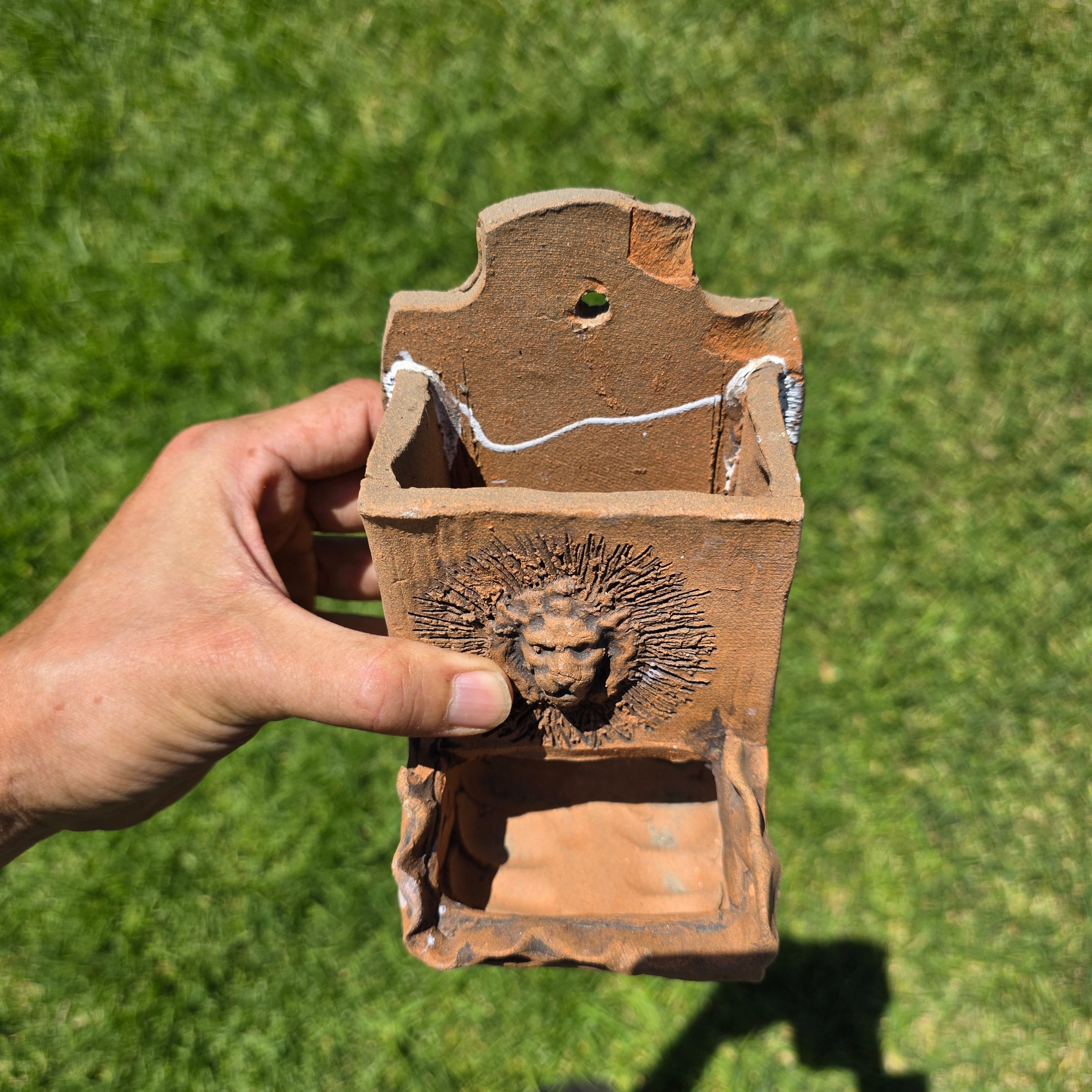 Vintage Terra Cotta Wall Pocket Planter Lion Head Sconce Signed Boho Succulent