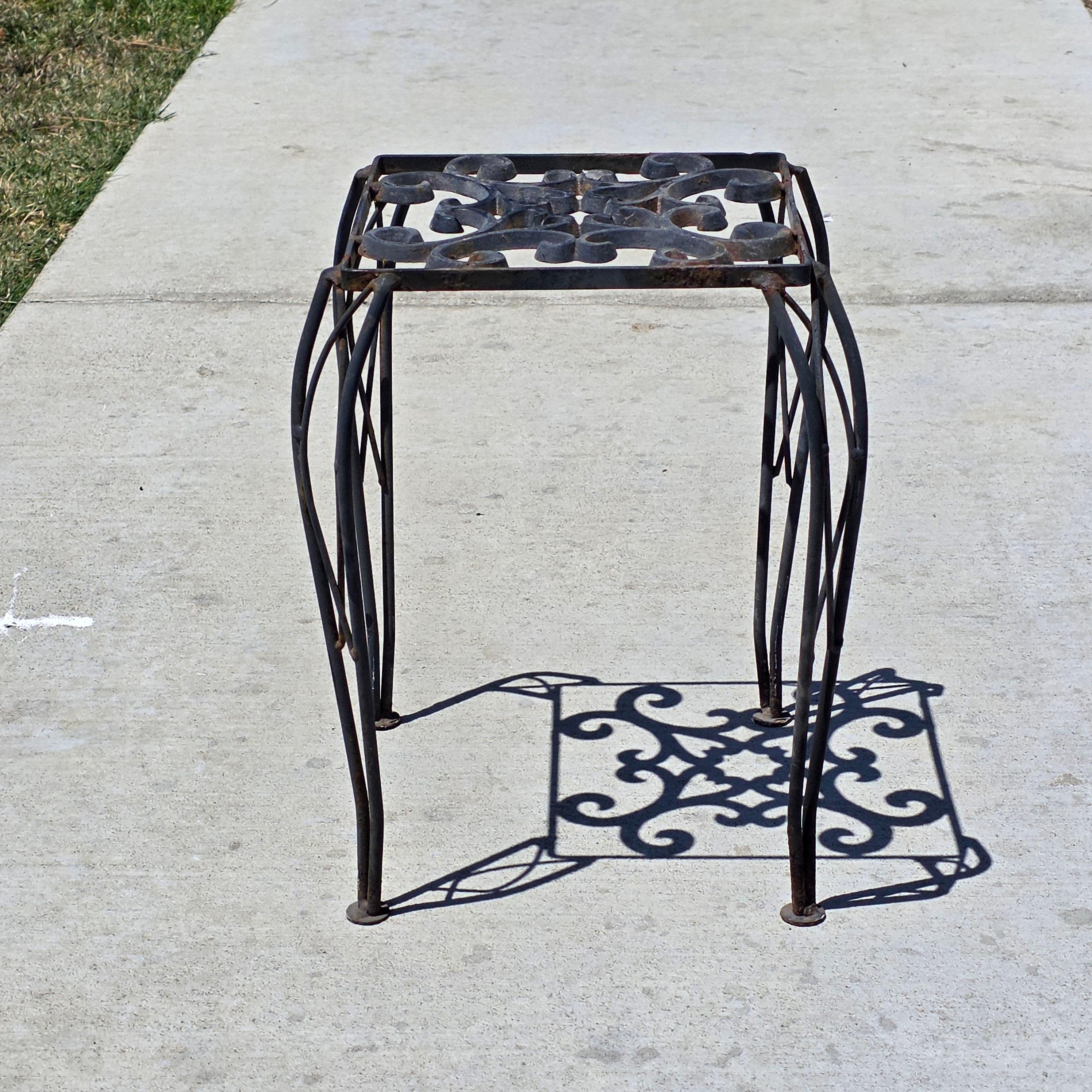 Vintage Wrought Iron Plant Stand Square Rustic Metal Table Intertwined Legs