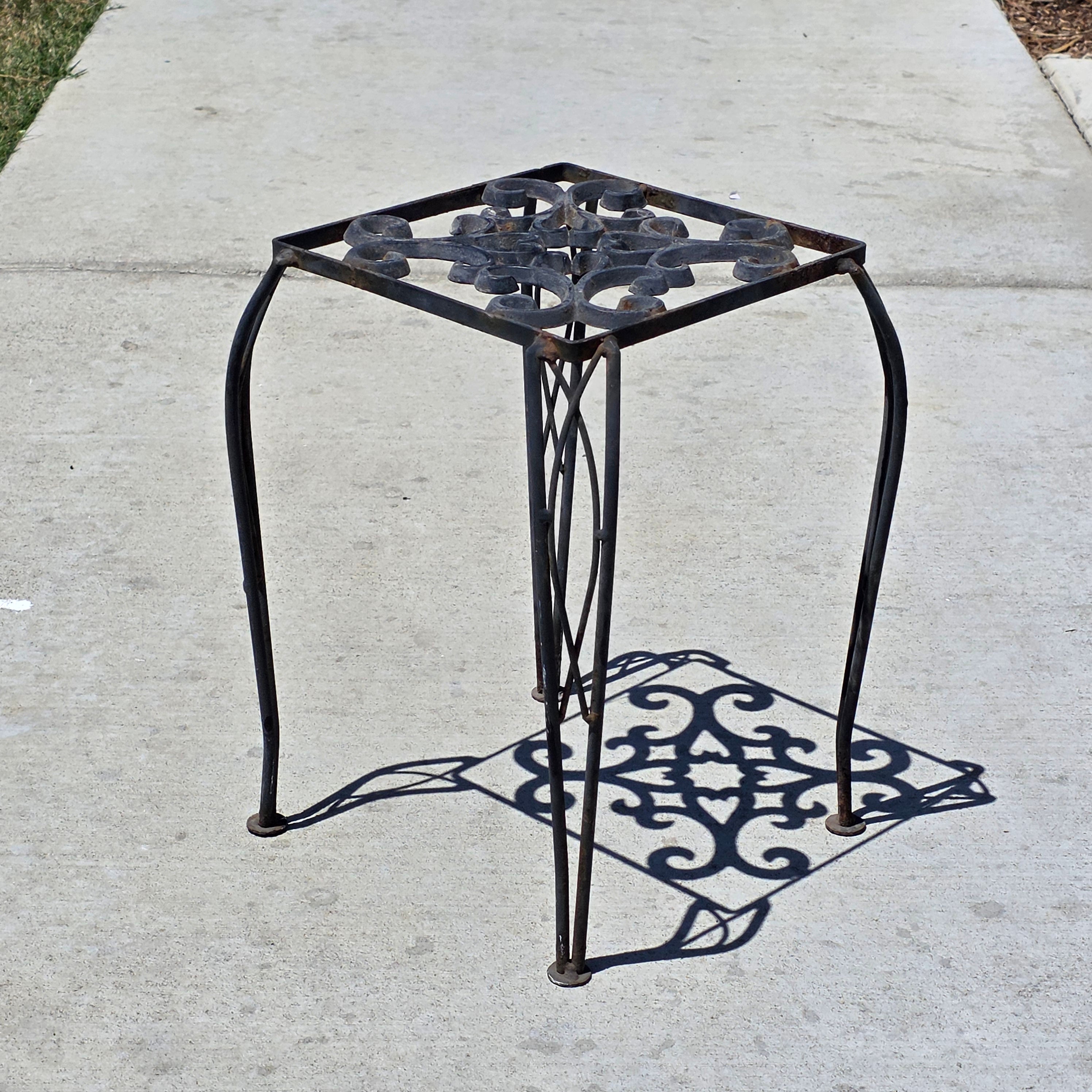 Vintage Wrought Iron Plant Stand Square Rustic Metal Table Intertwined Legs