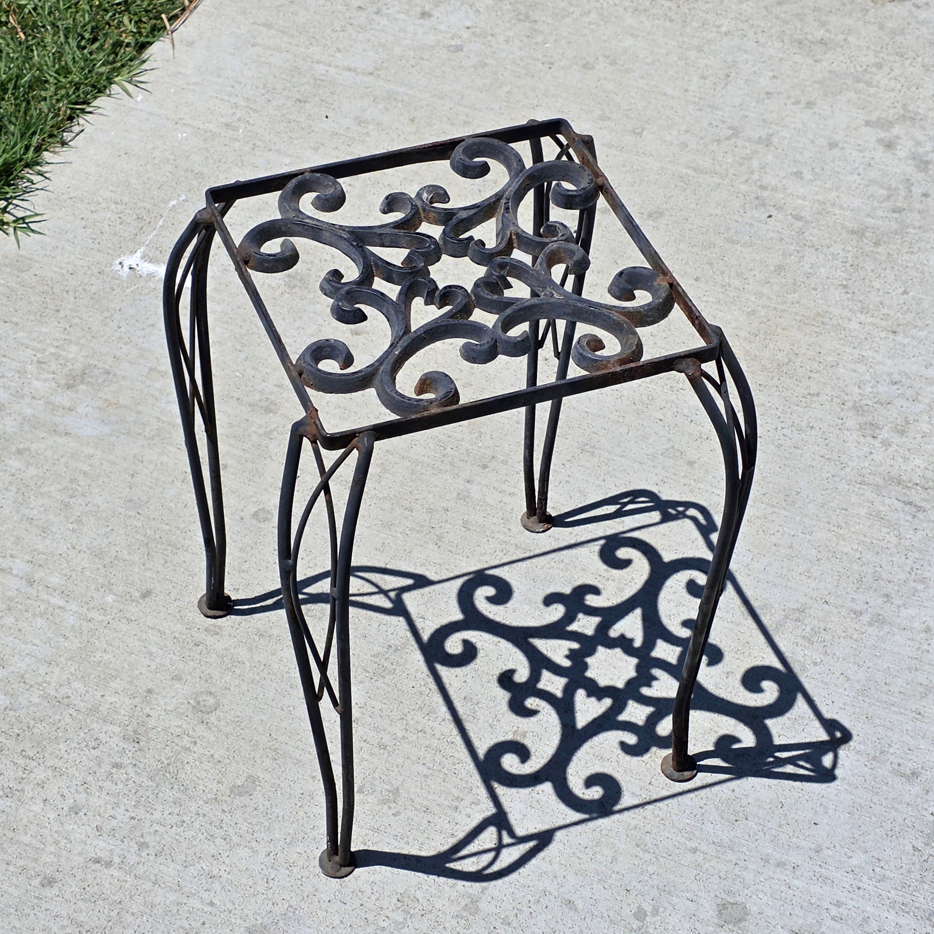 Vintage Wrought Iron Plant Stand Square Rustic Metal Table Intertwined Legs