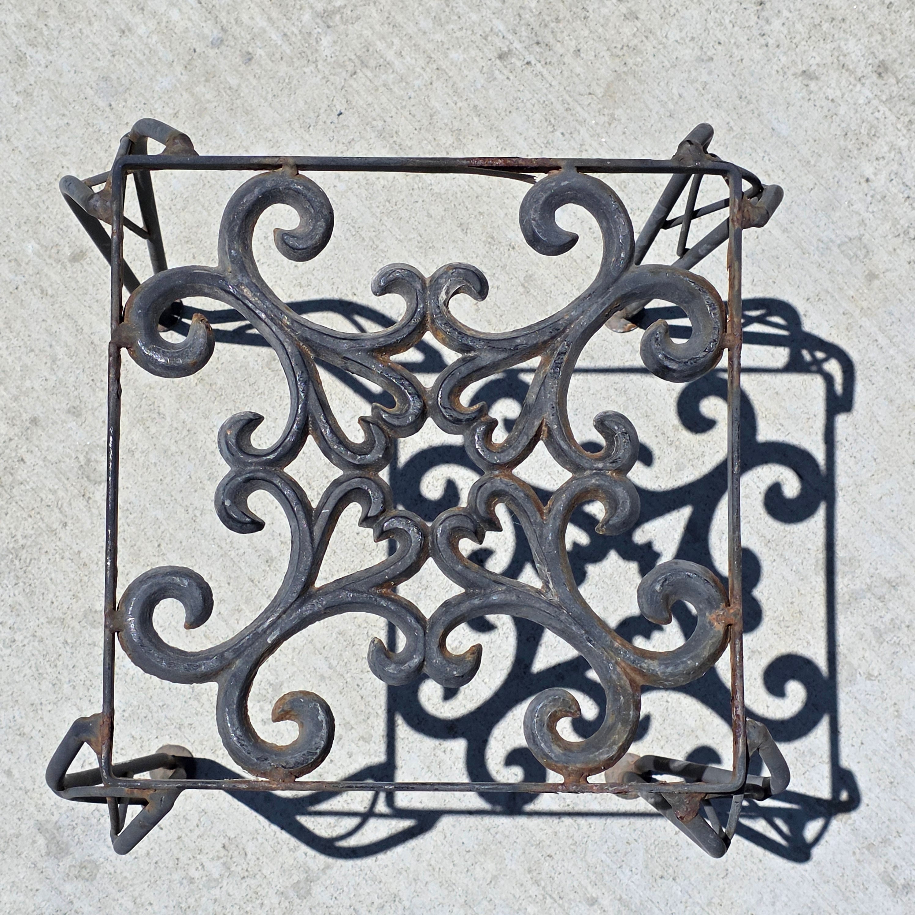 Vintage Wrought Iron Plant Stand Square Rustic Metal Table Intertwined Legs
