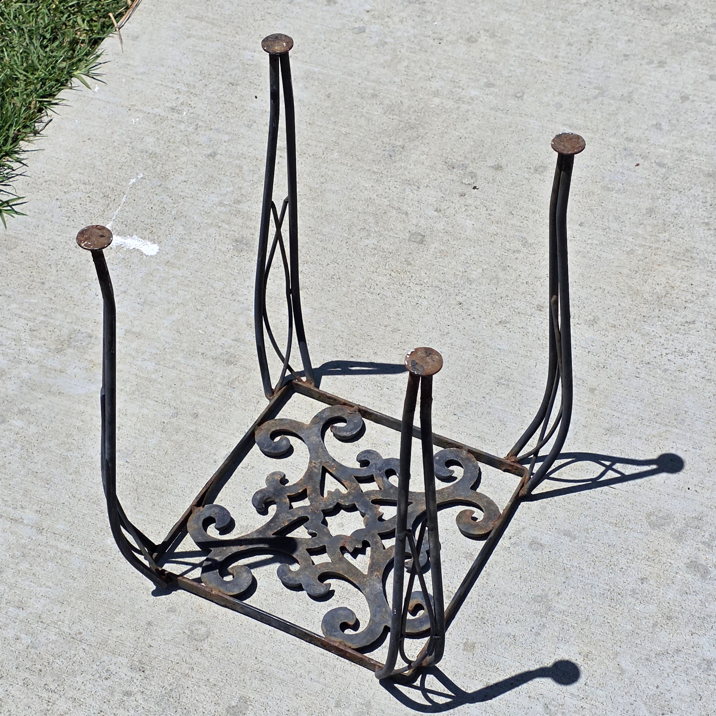 Vintage Wrought Iron Plant Stand Square Rustic Metal Table Intertwined Legs
