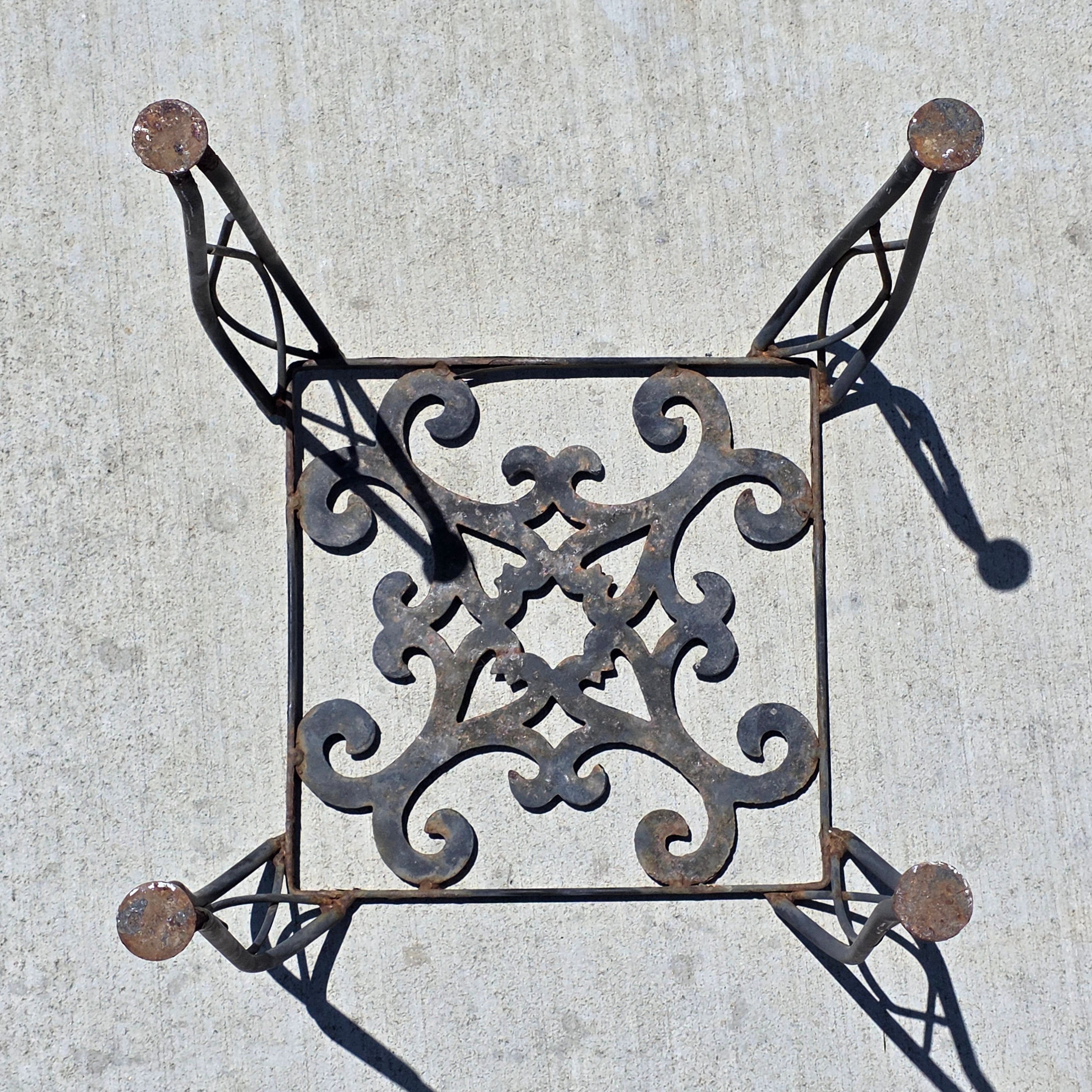 Vintage Wrought Iron Plant Stand Square Rustic Metal Table Intertwined Legs