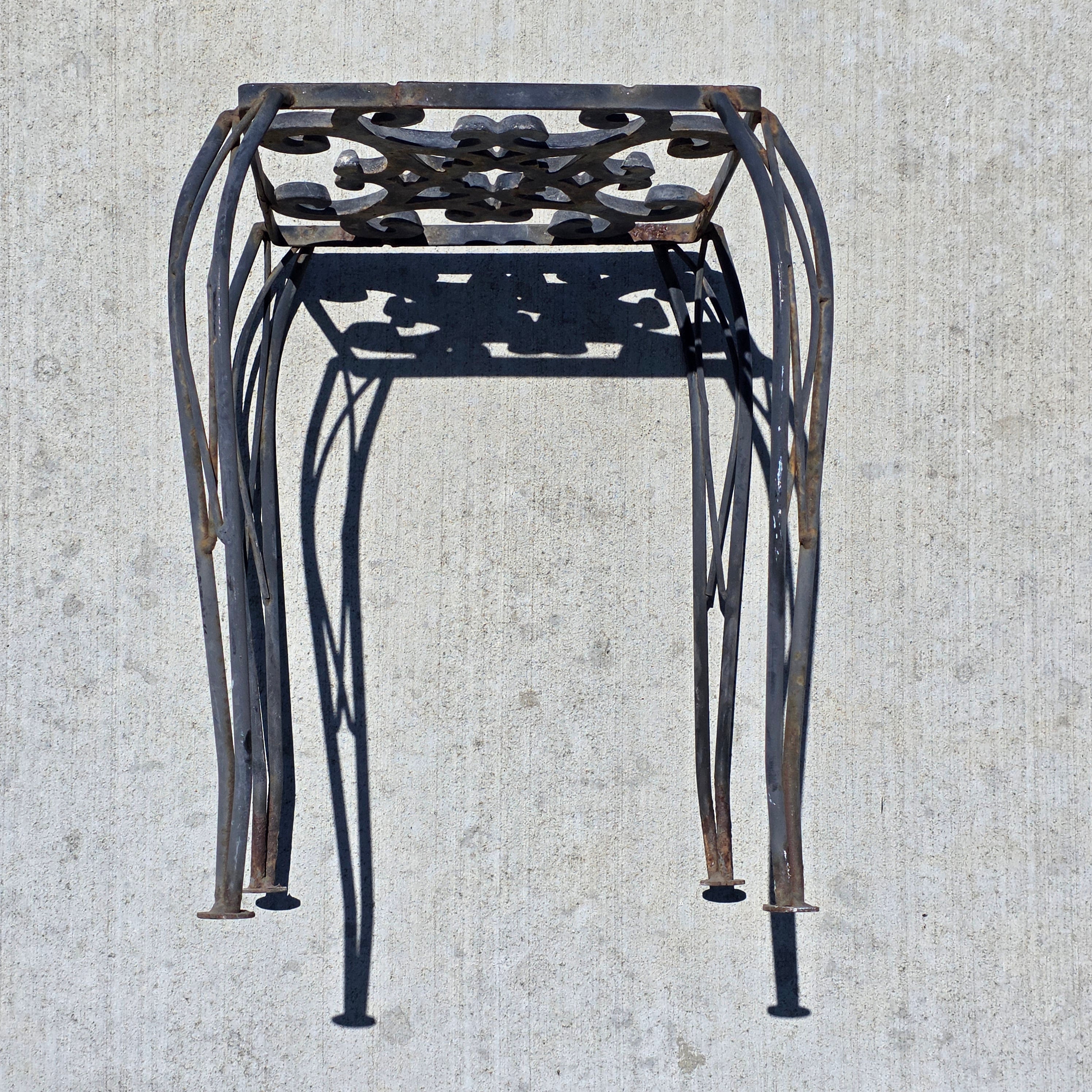Vintage Wrought Iron Plant Stand Square Rustic Metal Table Intertwined Legs