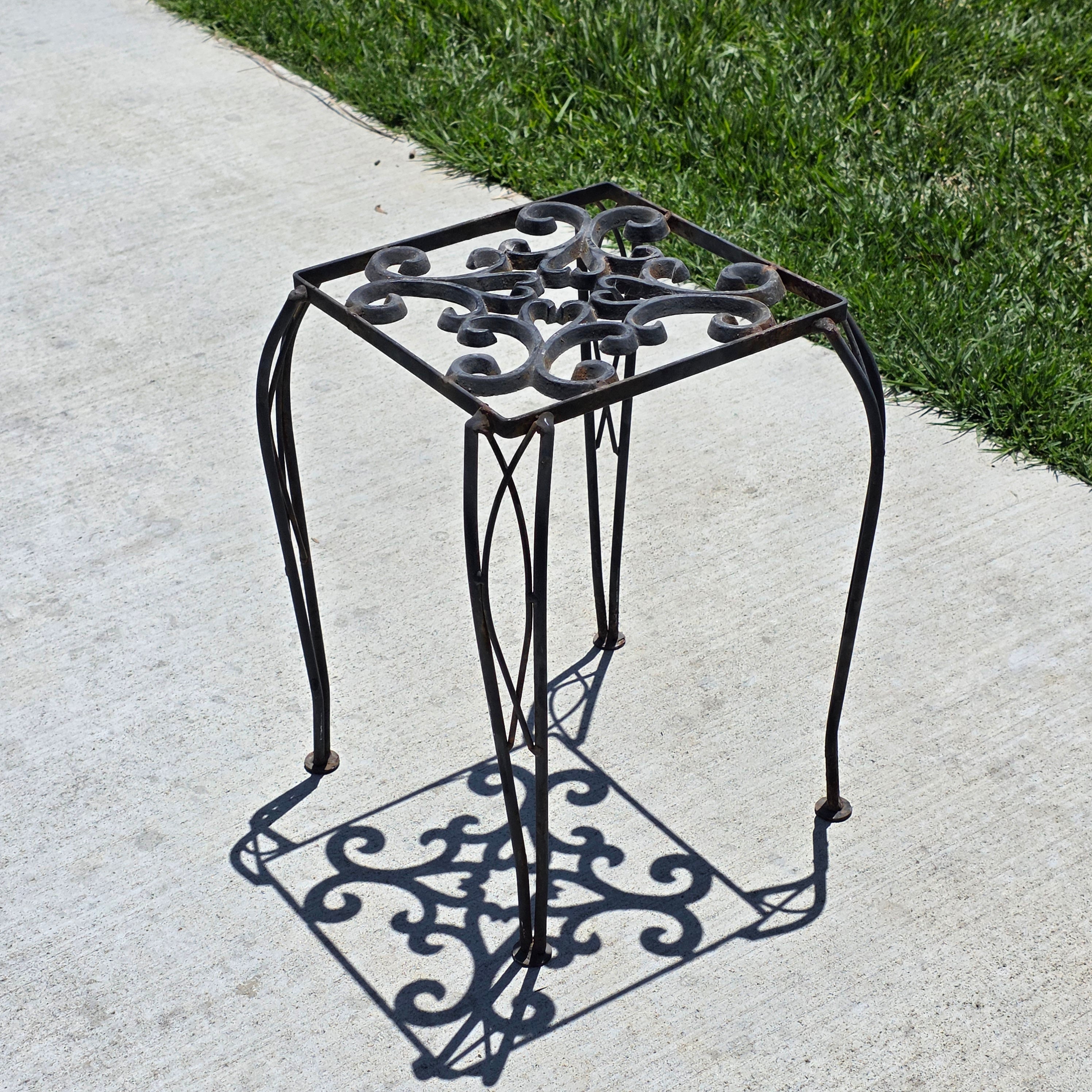 Vintage Wrought Iron Plant Stand Square Rustic Metal Table Intertwined Legs