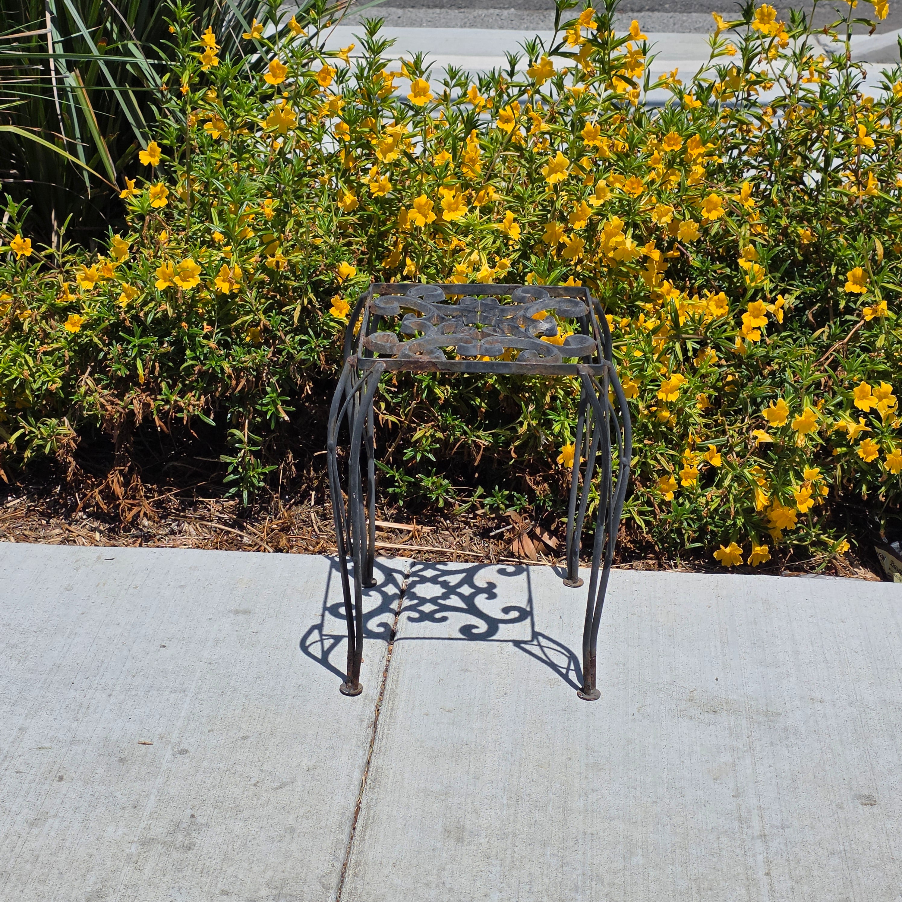 Vintage Wrought Iron Plant Stand Square Rustic Metal Table Intertwined Legs
