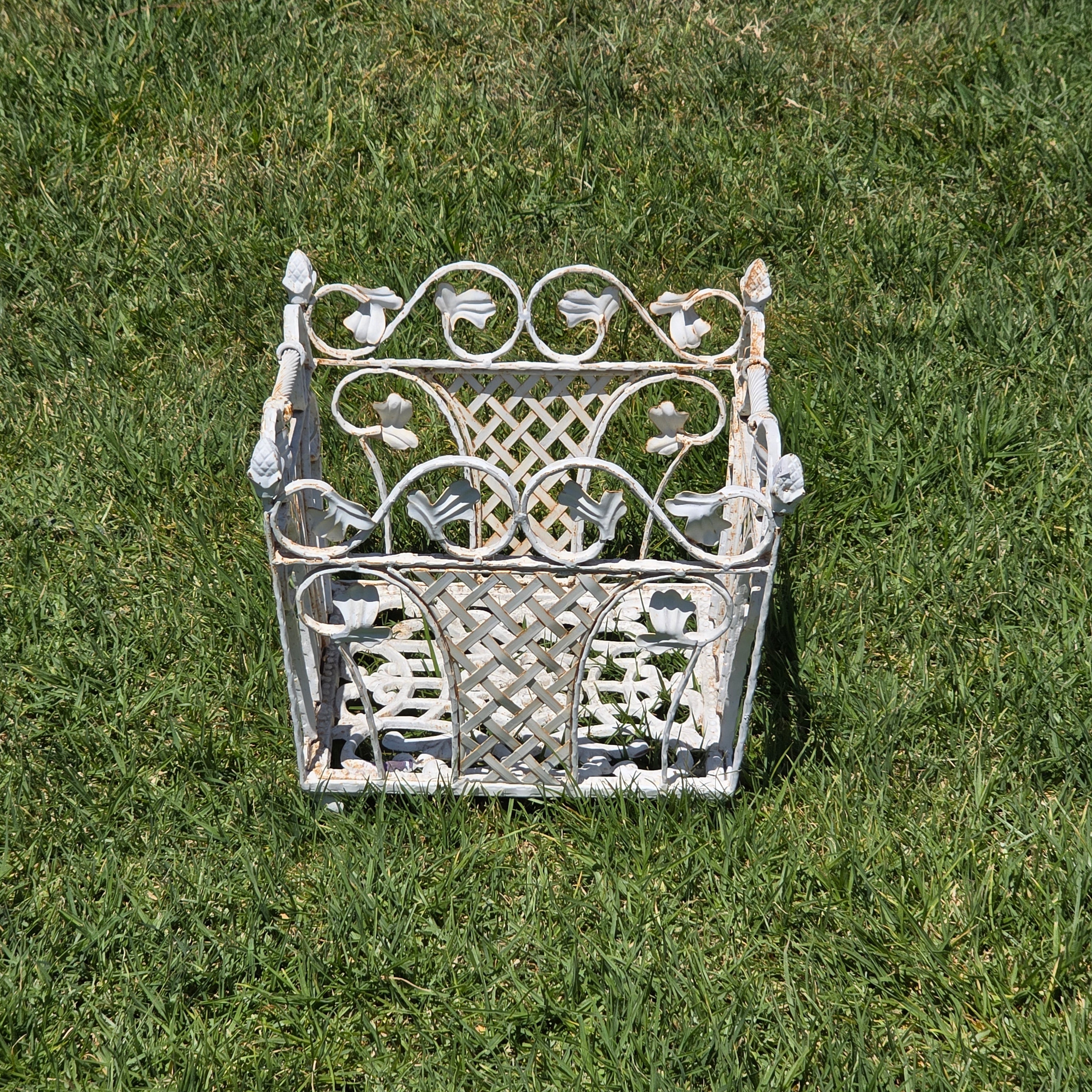 Vintage White Cast Iron Ornate Planter Box Magazine Rack Shabby Chic Heavy
