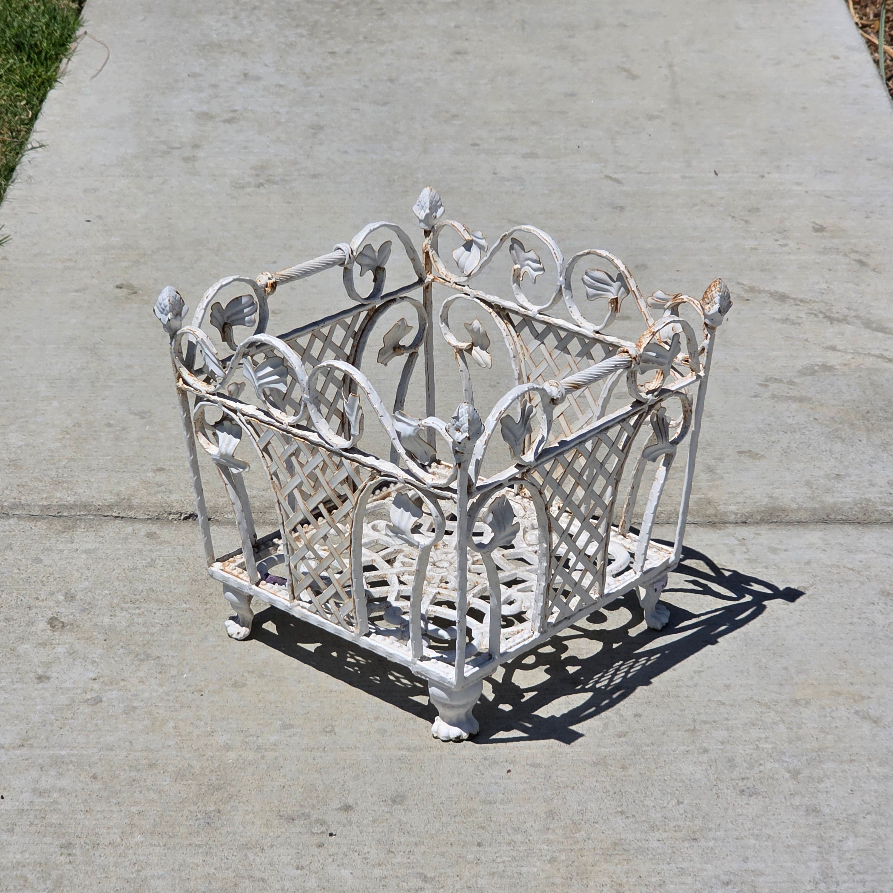 Vintage White Cast Iron Ornate Planter Box Magazine Rack Shabby Chic Heavy