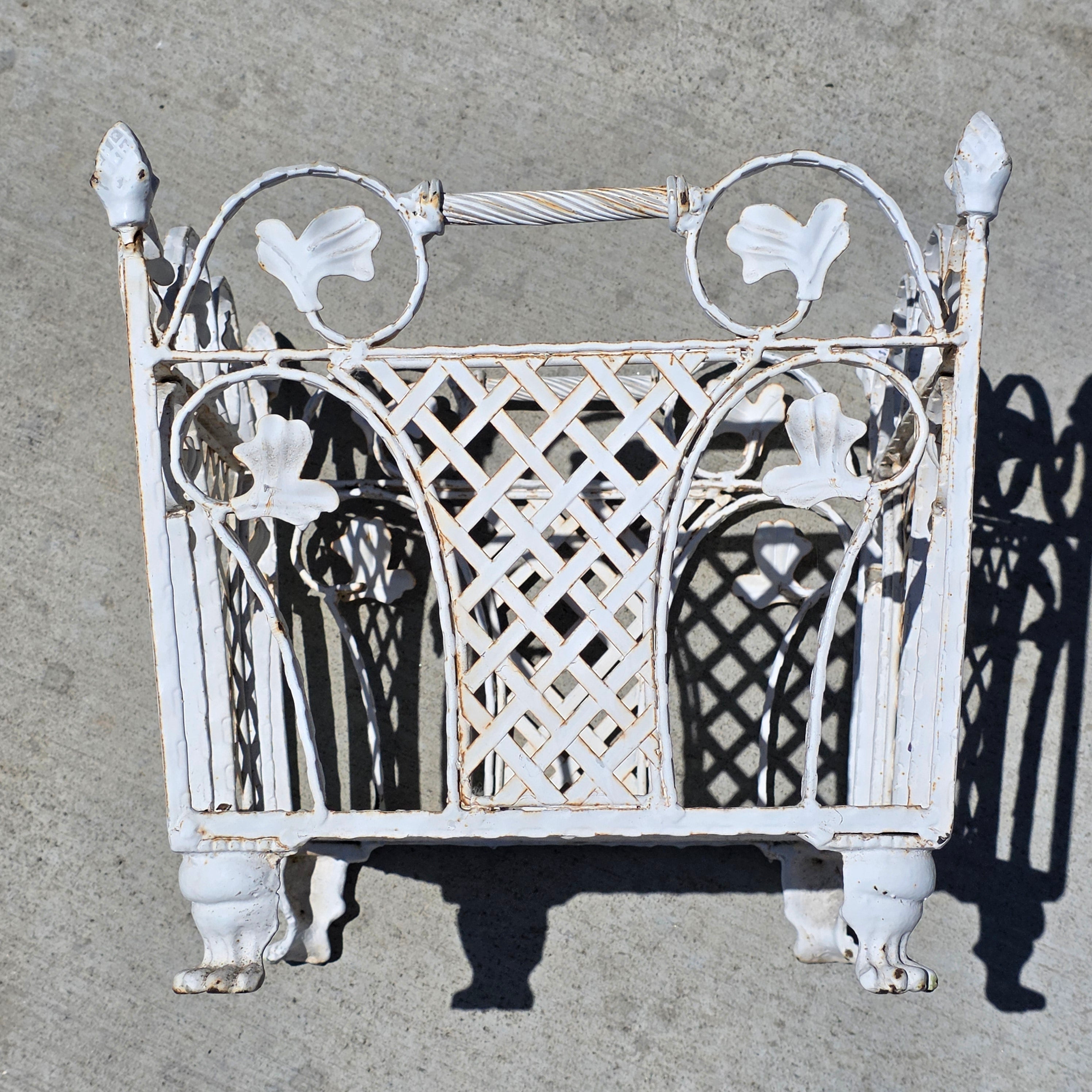 Vintage White Cast Iron Ornate Planter Box Magazine Rack Shabby Chic Heavy