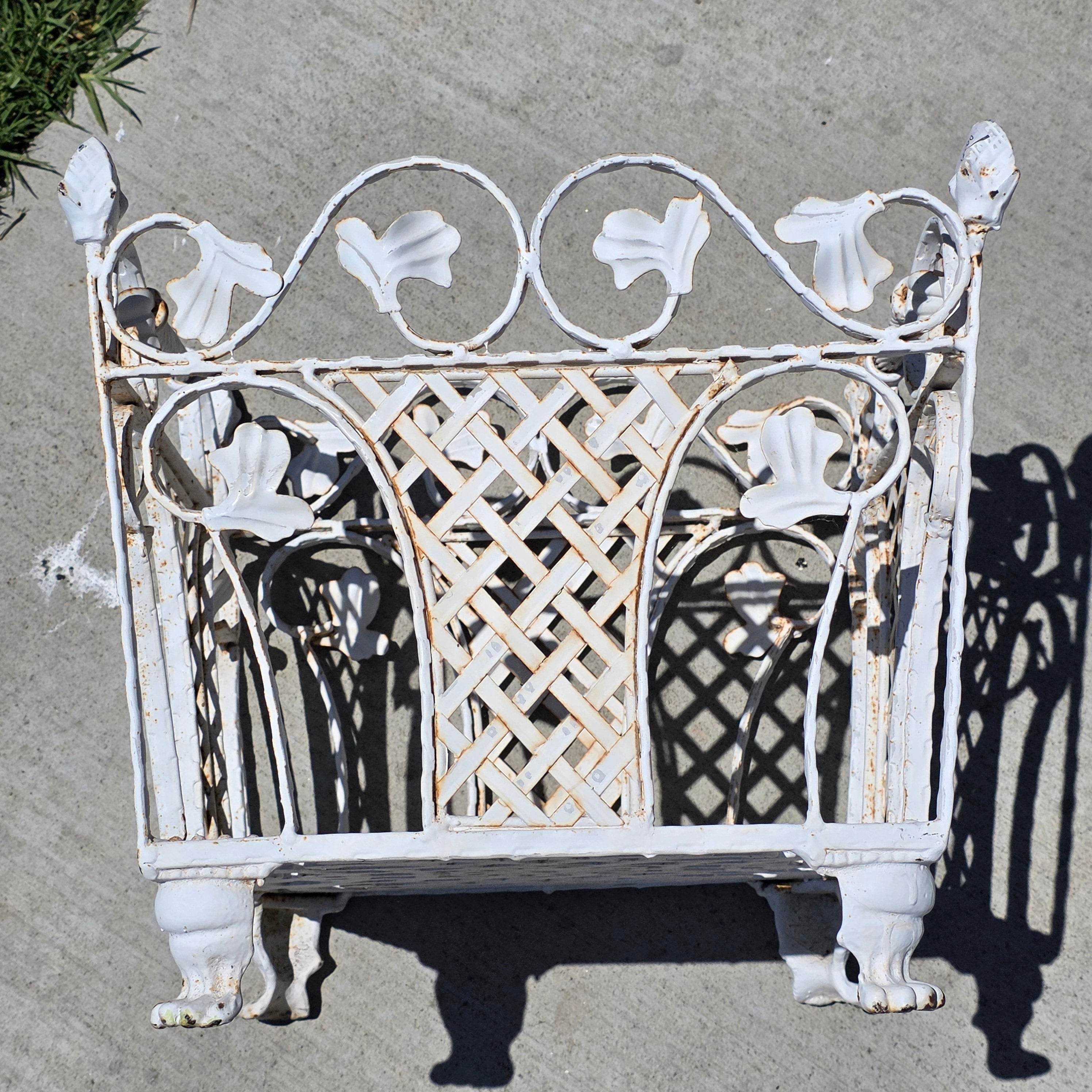 Vintage White Cast Iron Ornate Planter Box Magazine Rack Shabby Chic Heavy