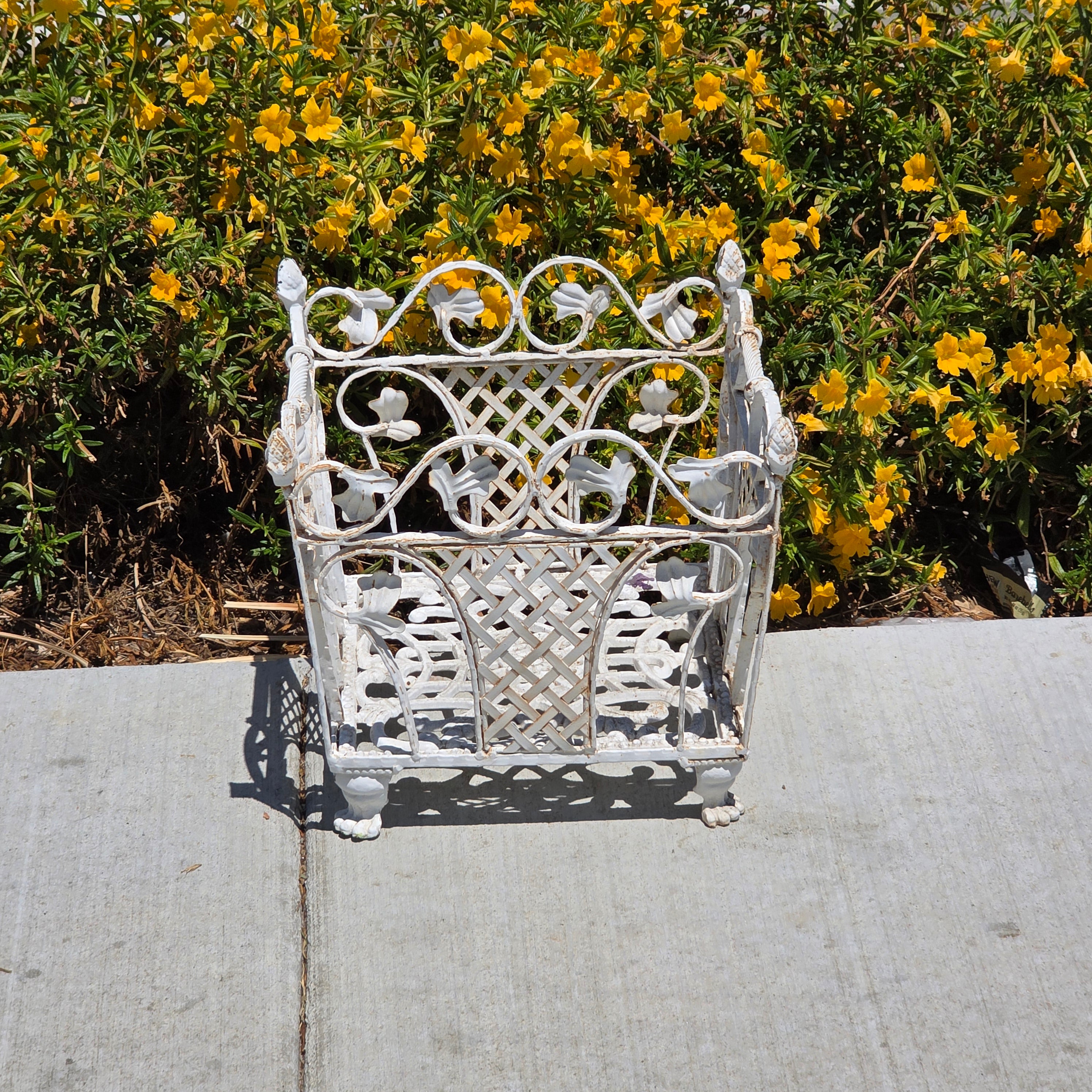 Vintage White Cast Iron Ornate Planter Box Magazine Rack Shabby Chic Heavy