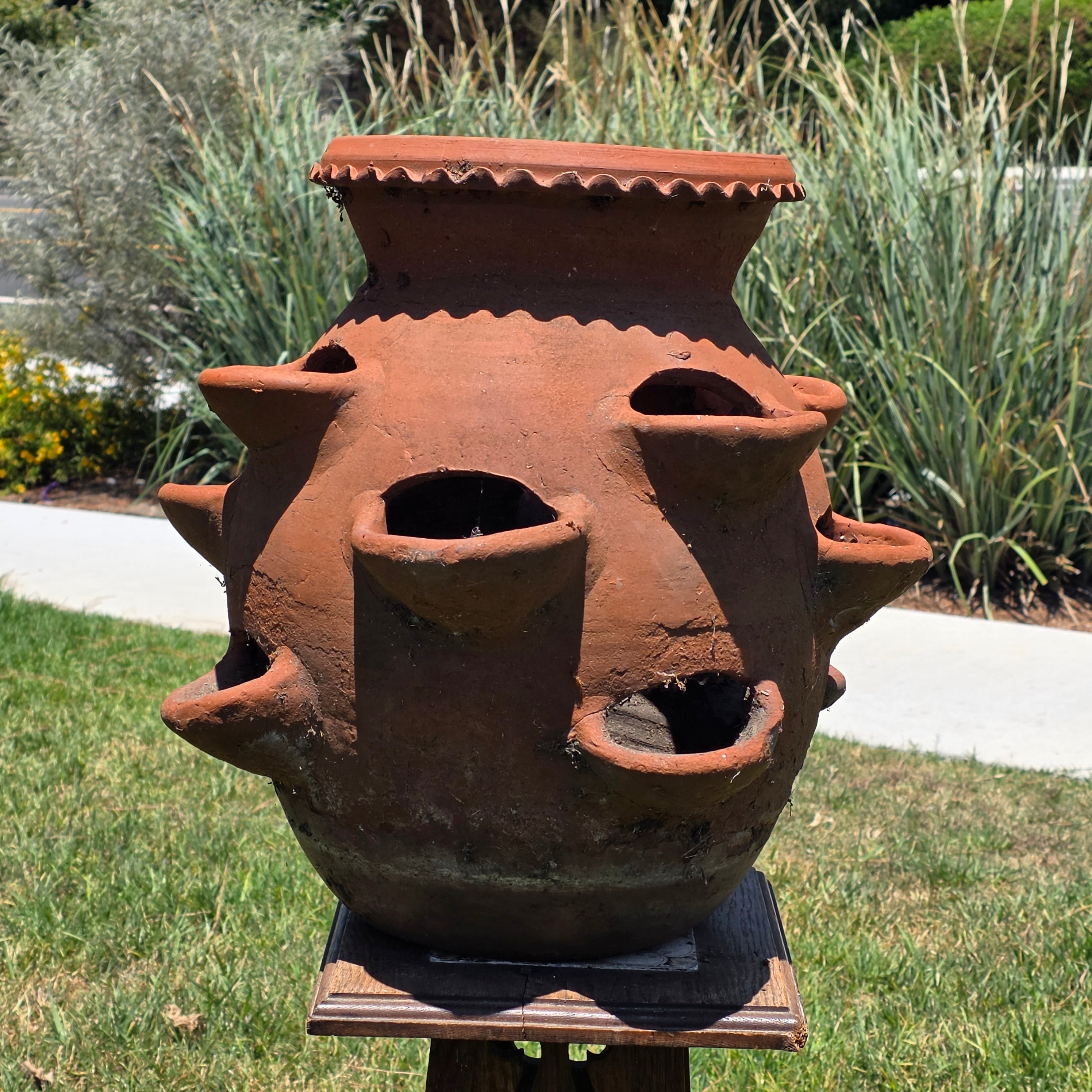 Large Vintage Terracotta Strawberry Pot Planter 12 Pockets Rustic Mexican Clay