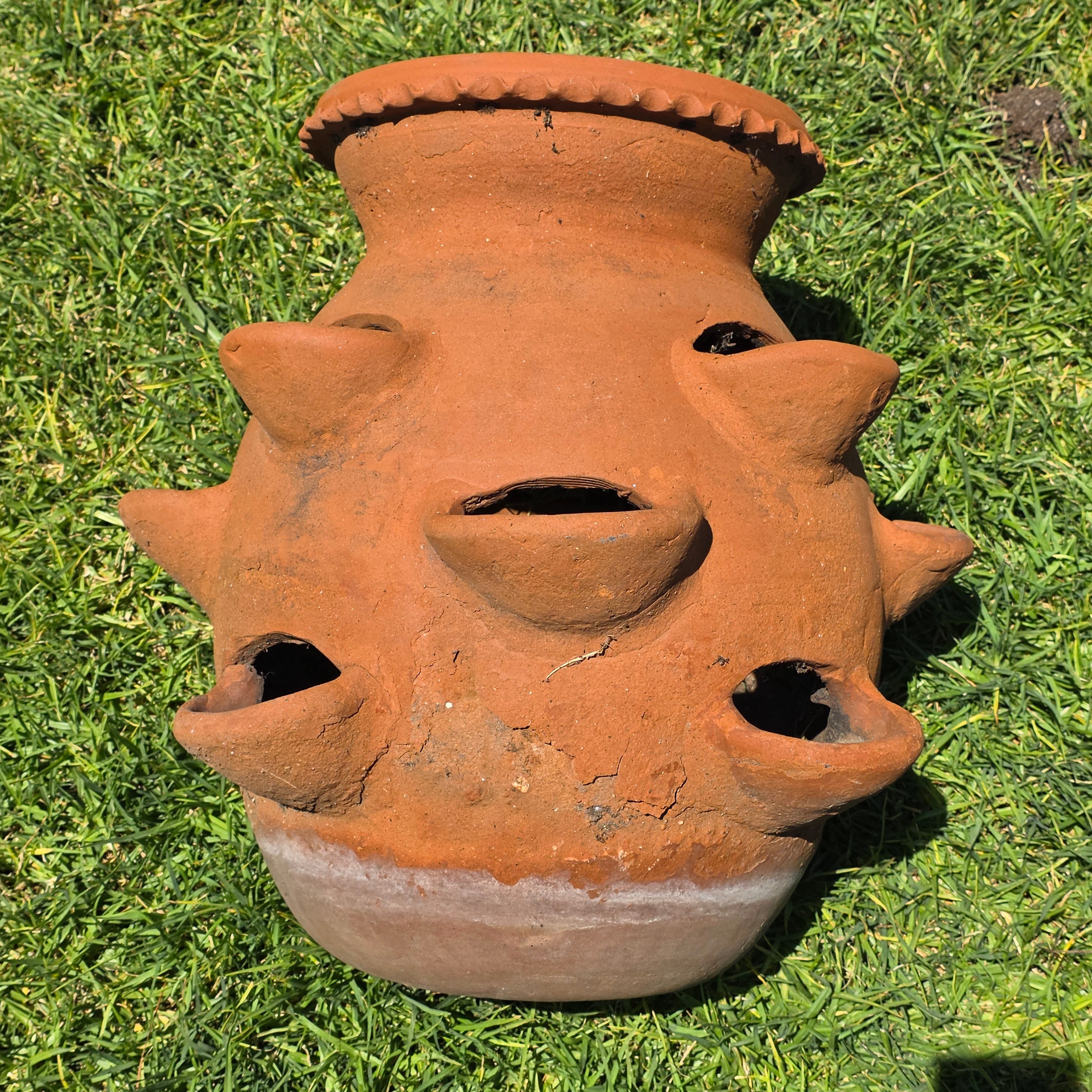 Large Vintage Terracotta Strawberry Pot Planter 12 Pockets Rustic Mexican Clay