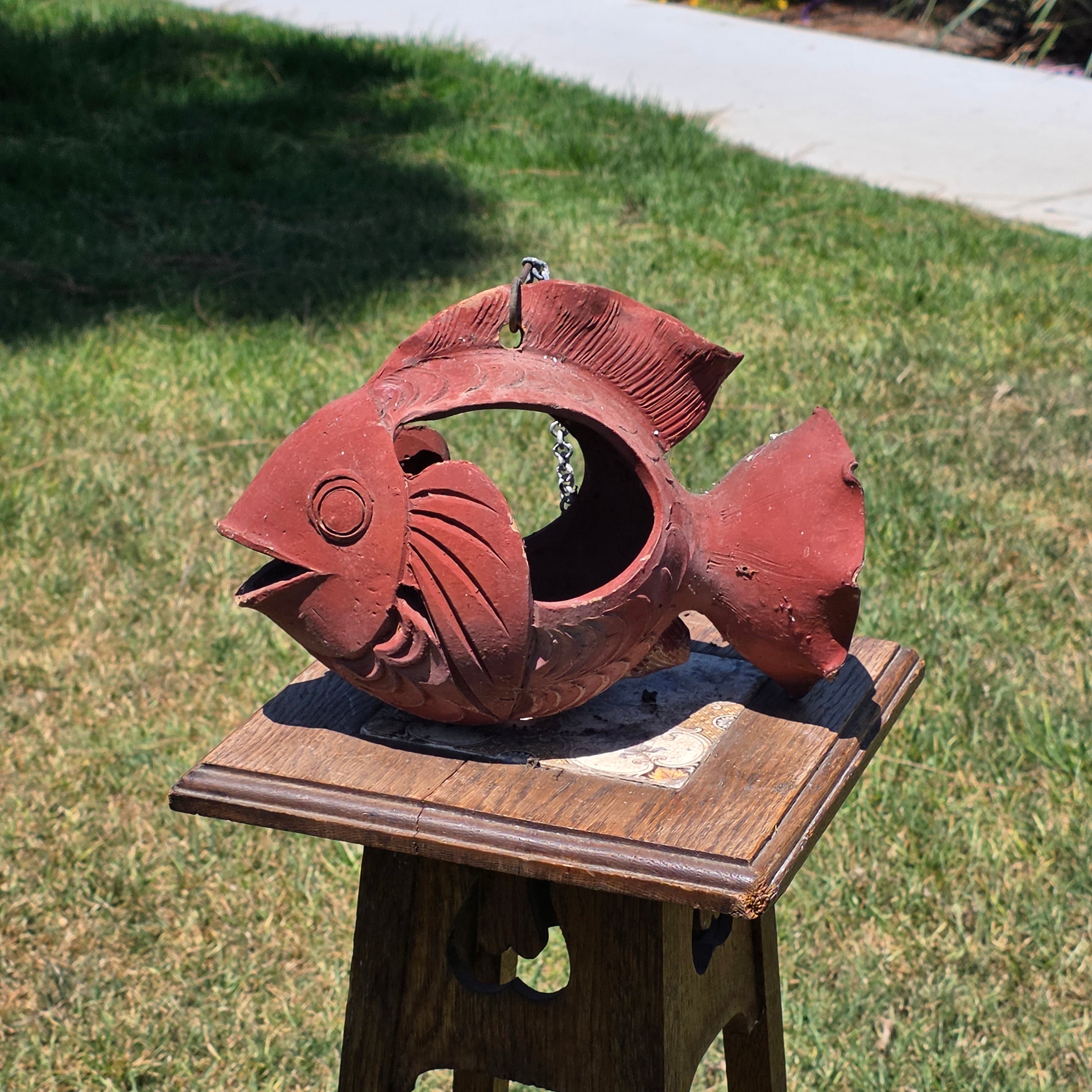 Vintage Terracotta Fish Hanging Planter Lantern Rustic Garden Decor Clay 11"