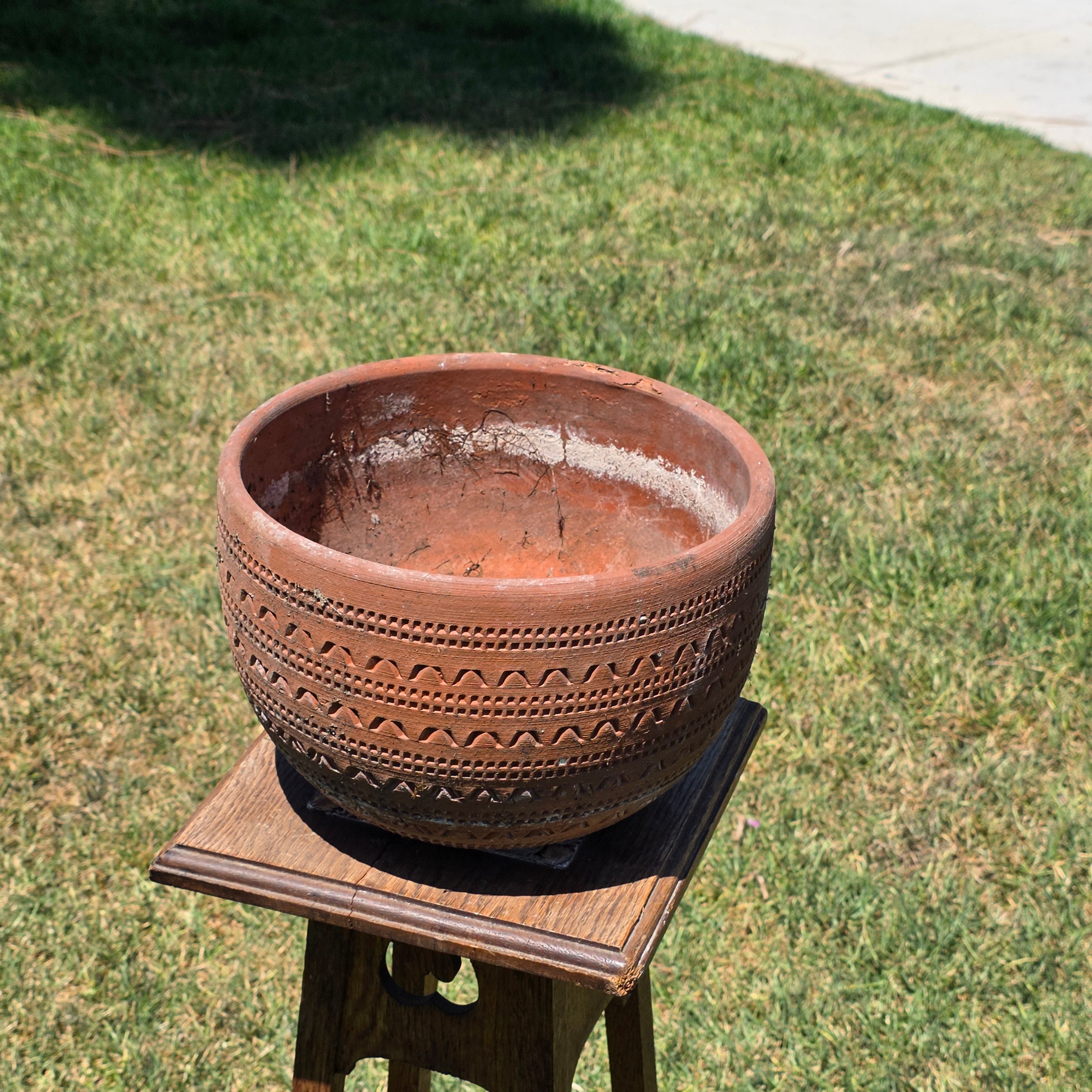 Vintage Large Terracotta Planter Pot Geometric Aztec Southwestern Clay 11.5"