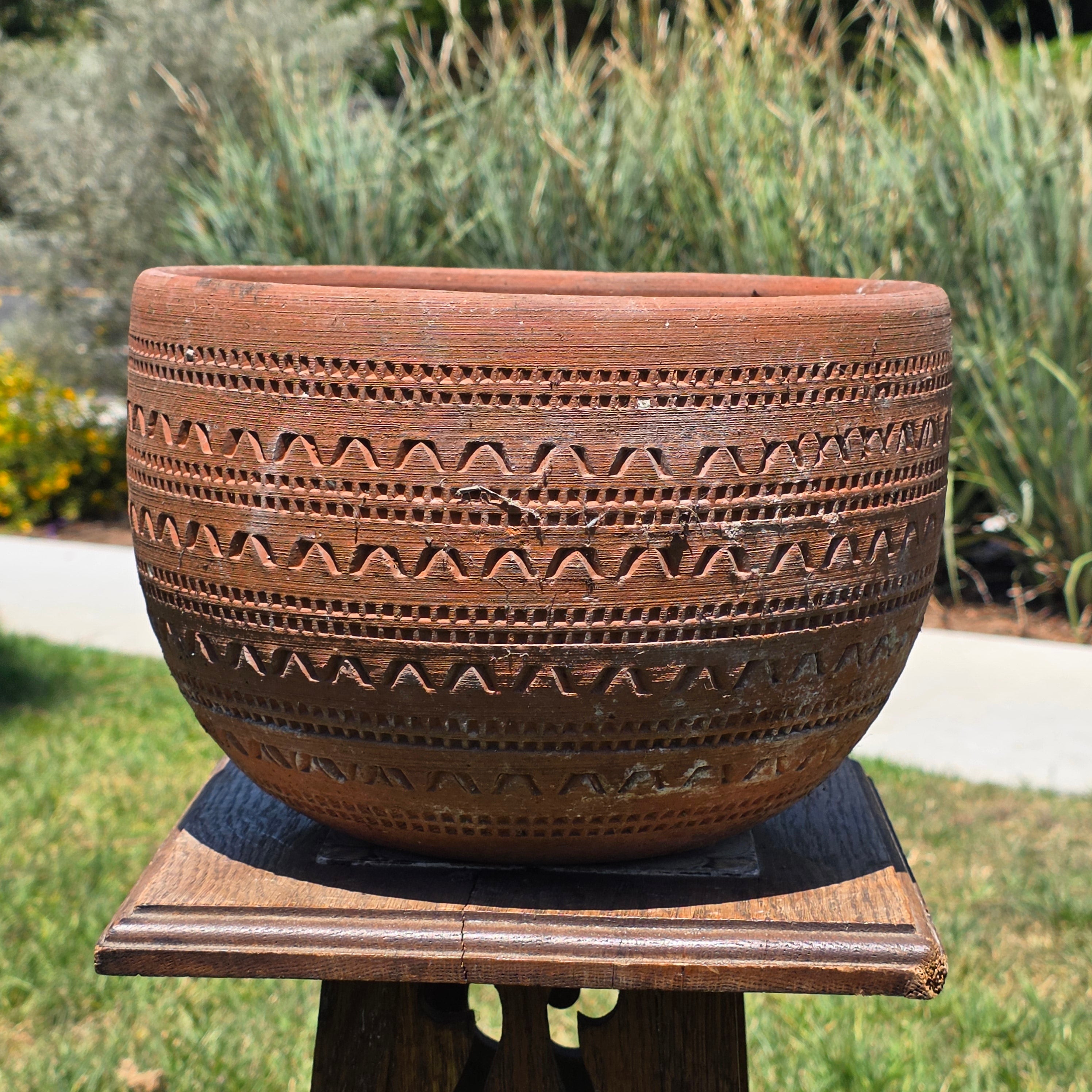 Vintage Large Terracotta Planter Pot Geometric Aztec Southwestern Clay 11.5"