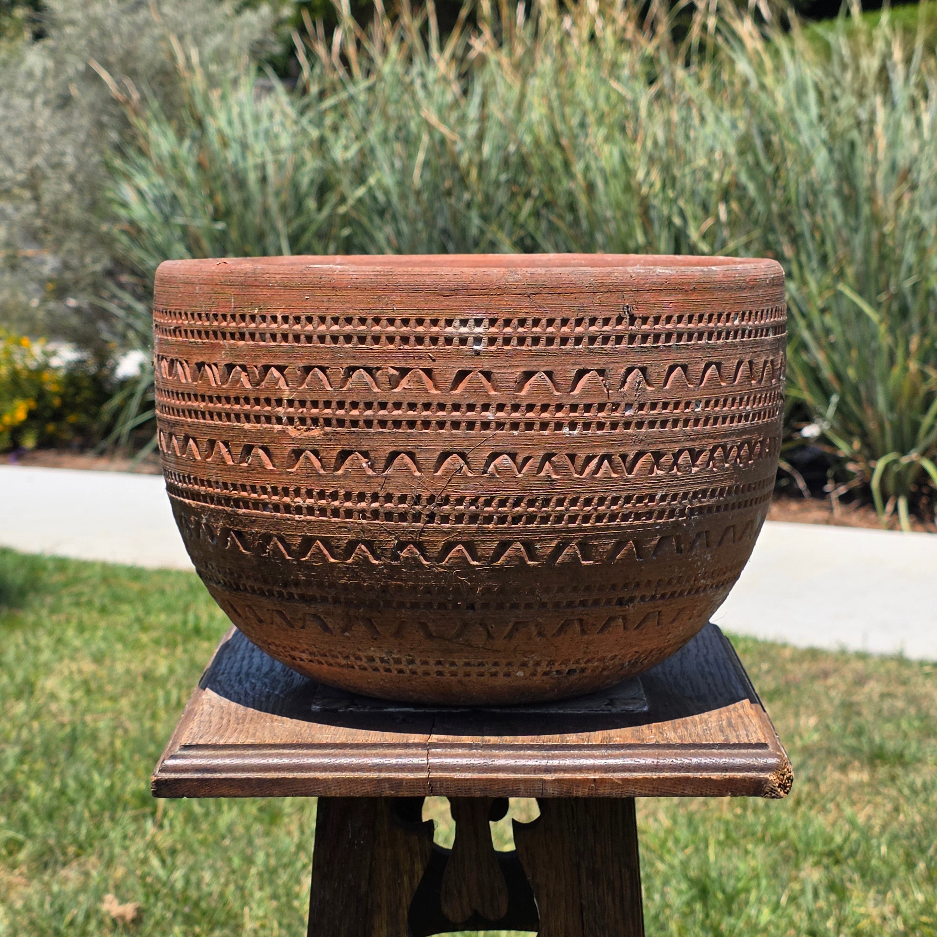 Vintage Large Terracotta Planter Pot Geometric Aztec Southwestern Clay 11.5"