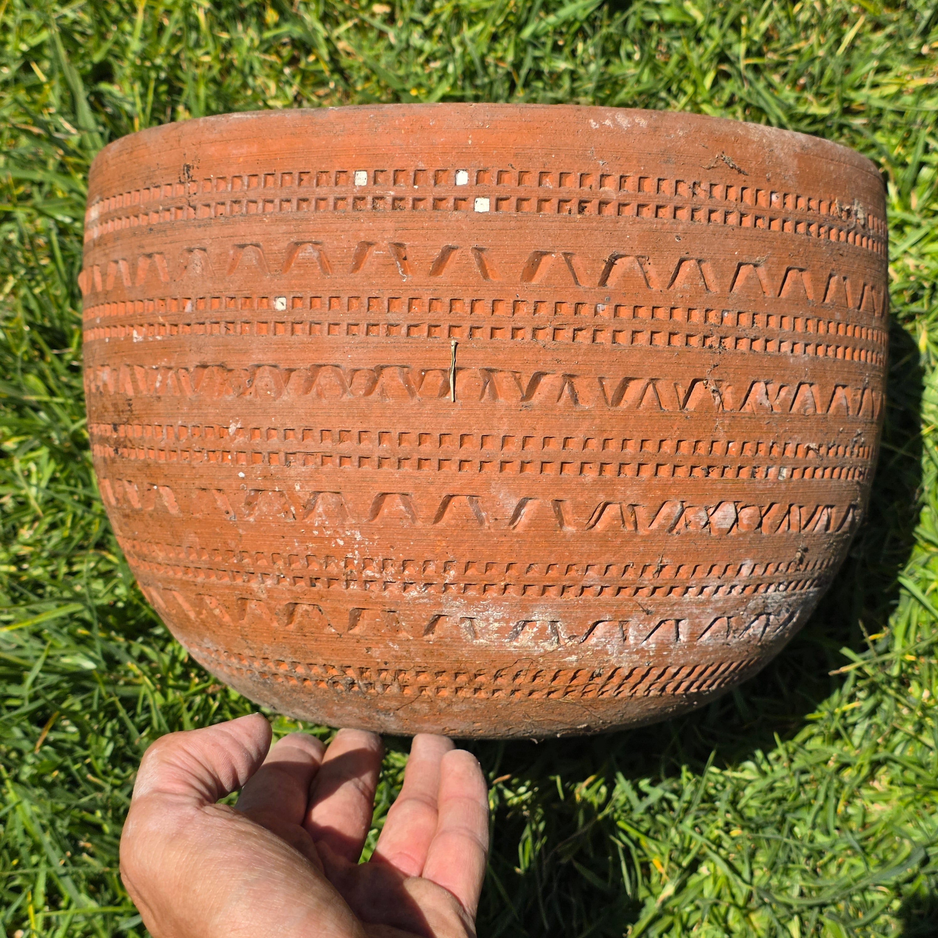 Vintage Large Terracotta Planter Pot Geometric Aztec Southwestern Clay 11.5"