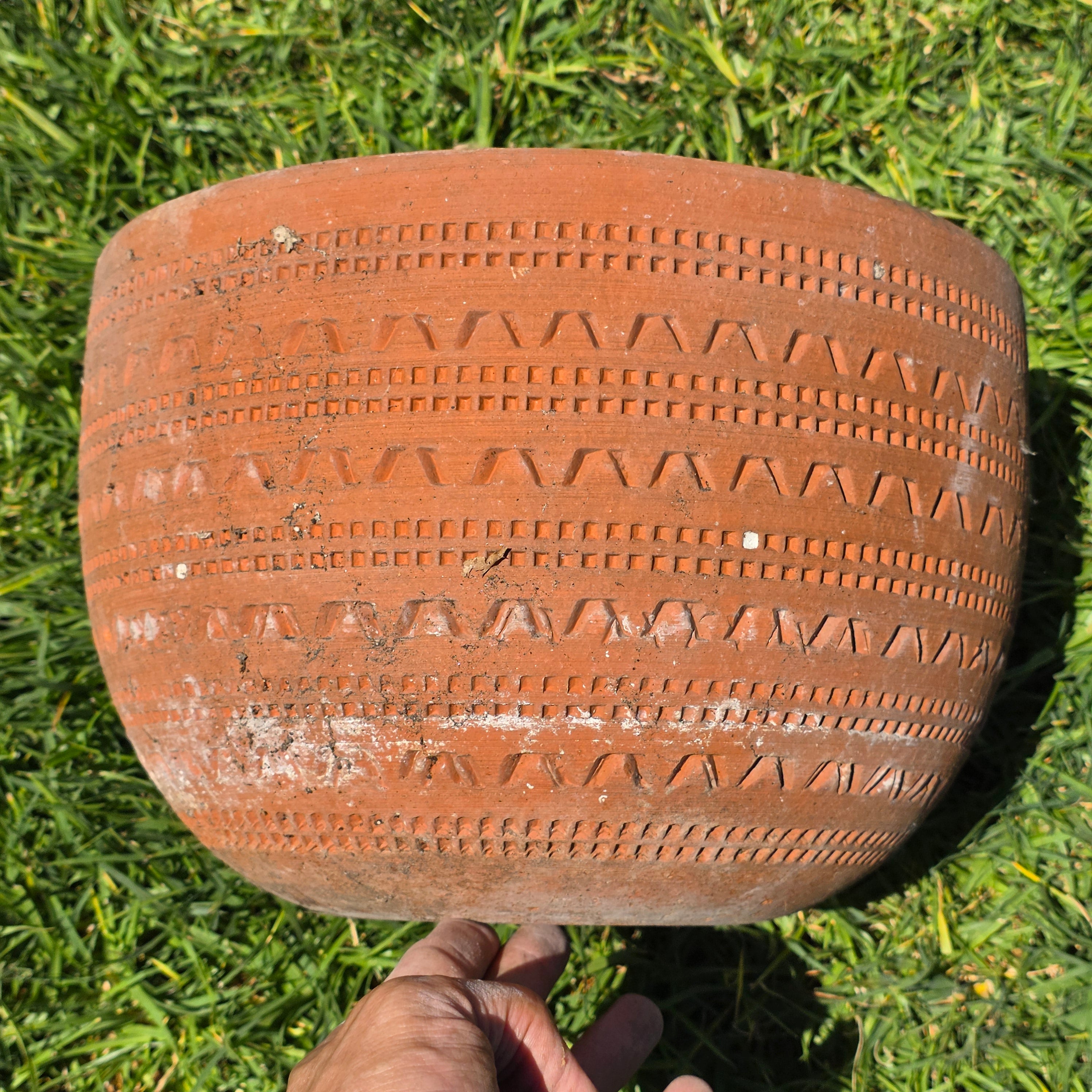 Vintage Large Terracotta Planter Pot Geometric Aztec Southwestern Clay 11.5"