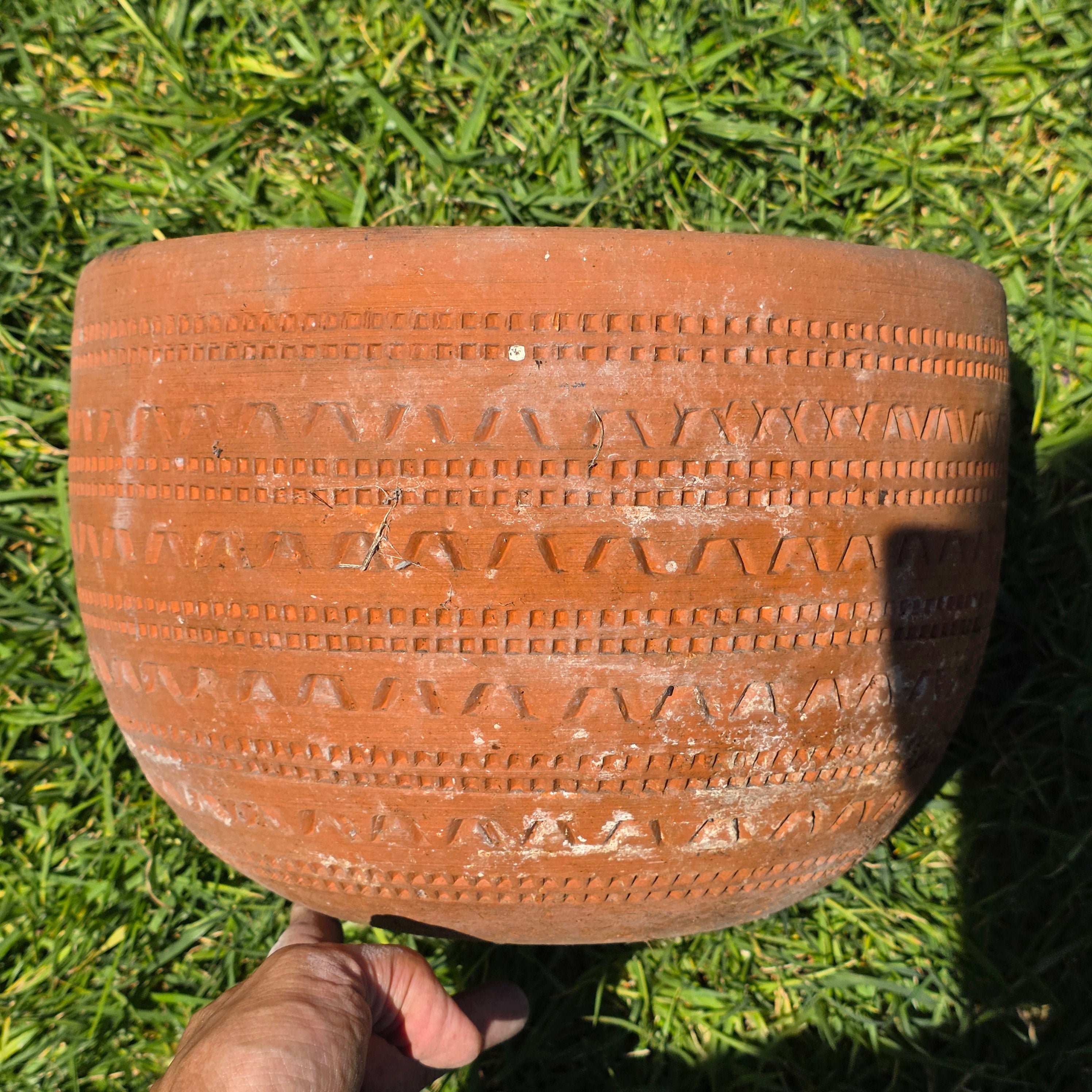Vintage Large Terracotta Planter Pot Geometric Aztec Southwestern Clay 11.5"