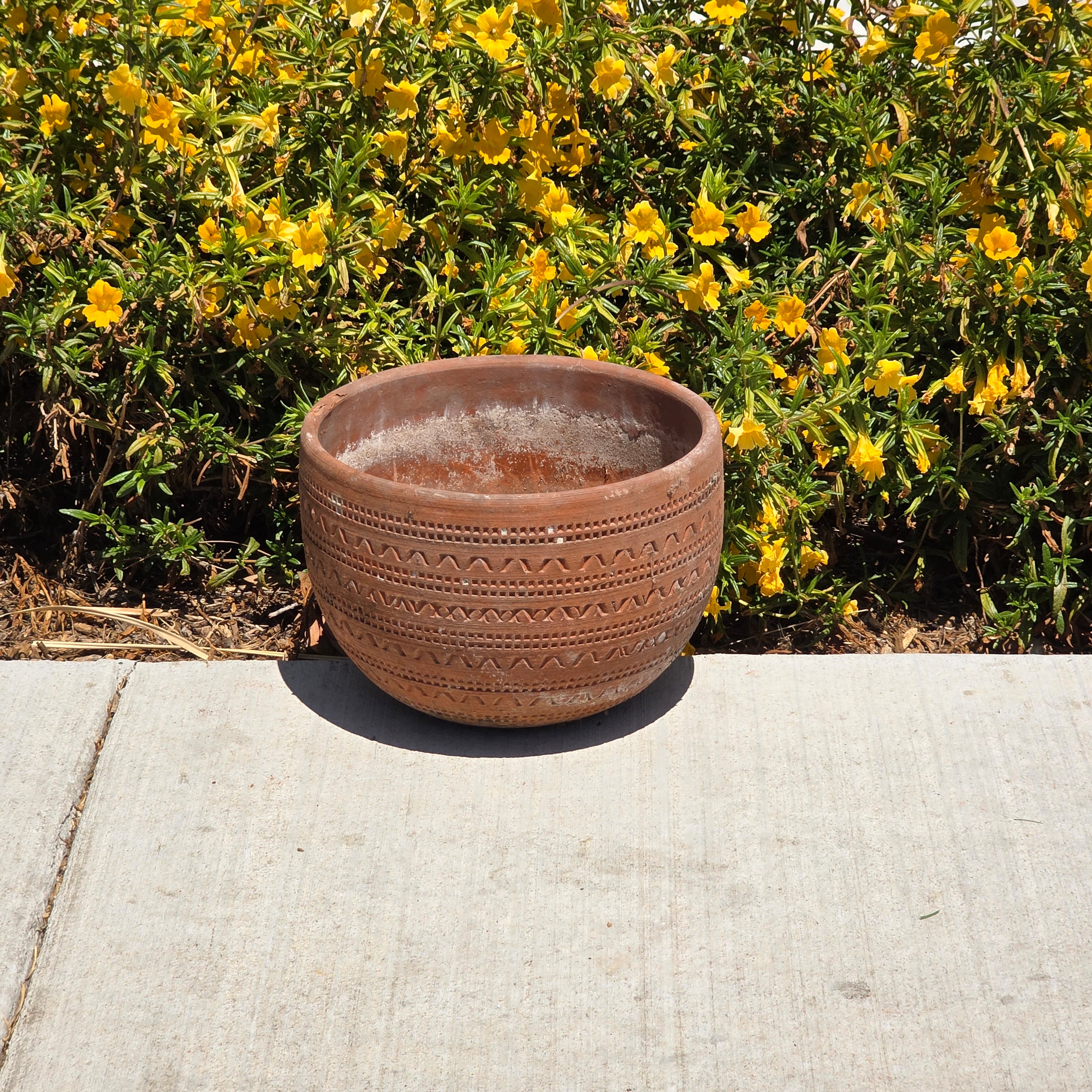 Vintage Large Terracotta Planter Pot Geometric Aztec Southwestern Clay 11.5"
