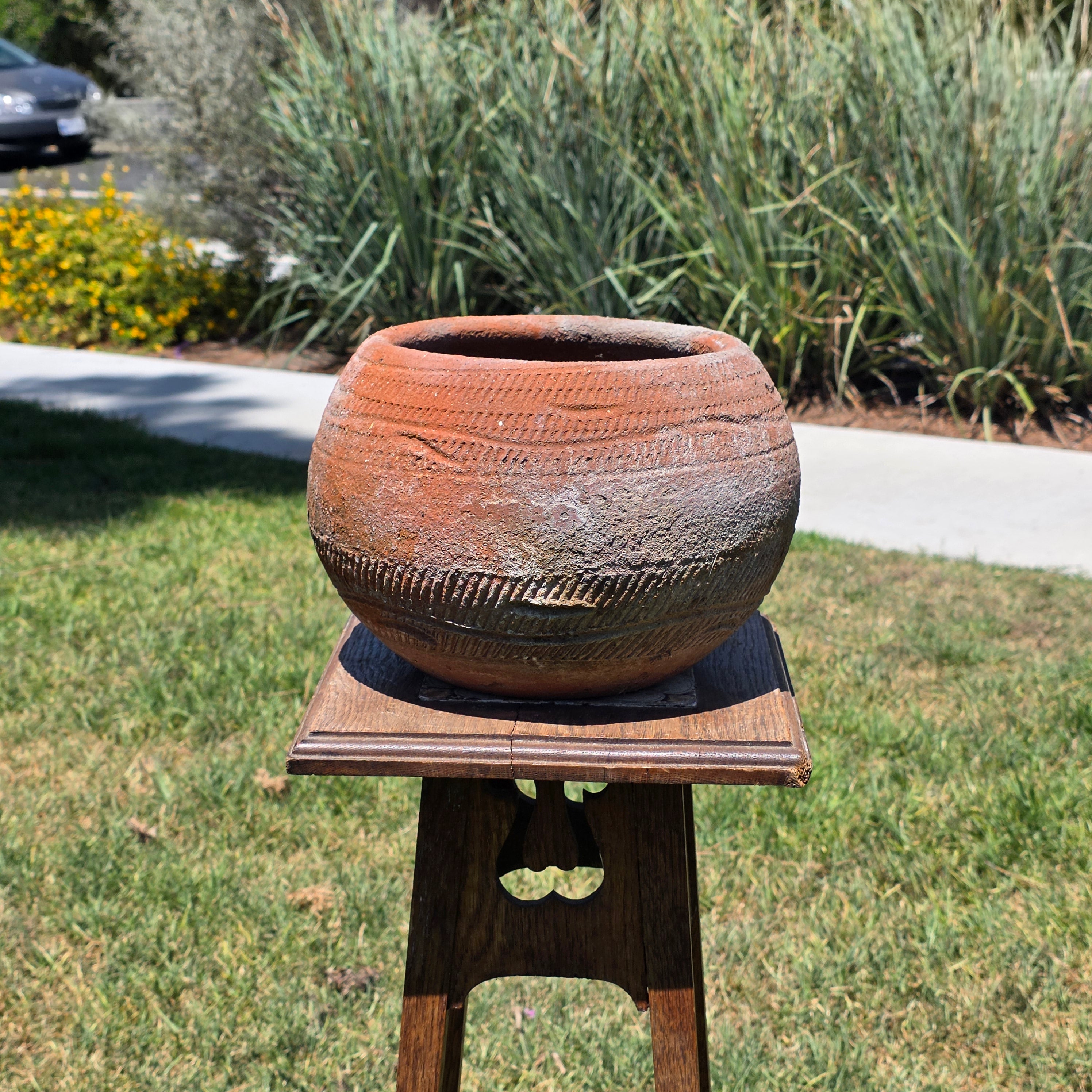 Vintage Rustic Terracotta Planter Pot Round Primitive Textured Clay Wabi-Sabi 11"