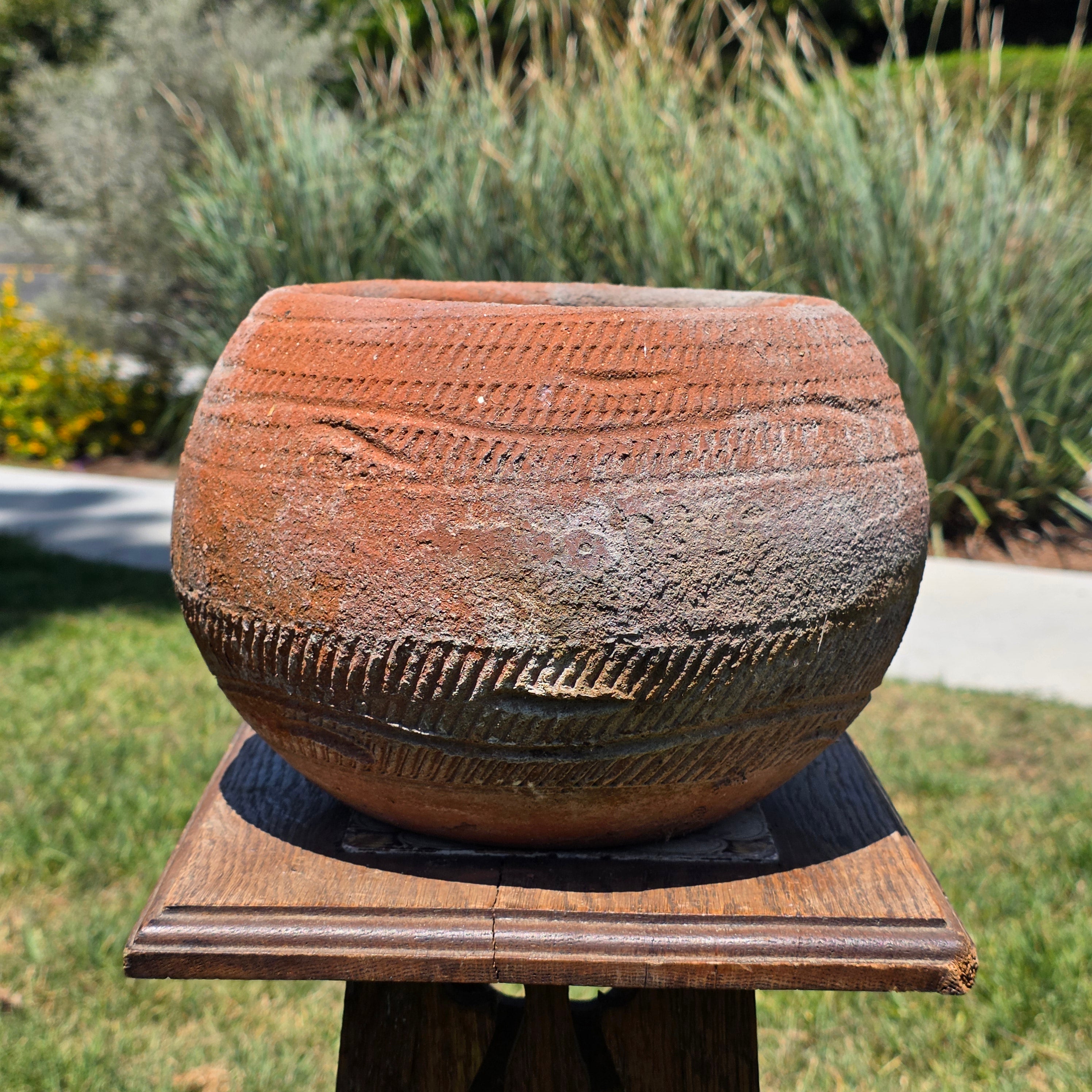 Vintage Rustic Terracotta Planter Pot Round Primitive Textured Clay Wabi-Sabi 11"