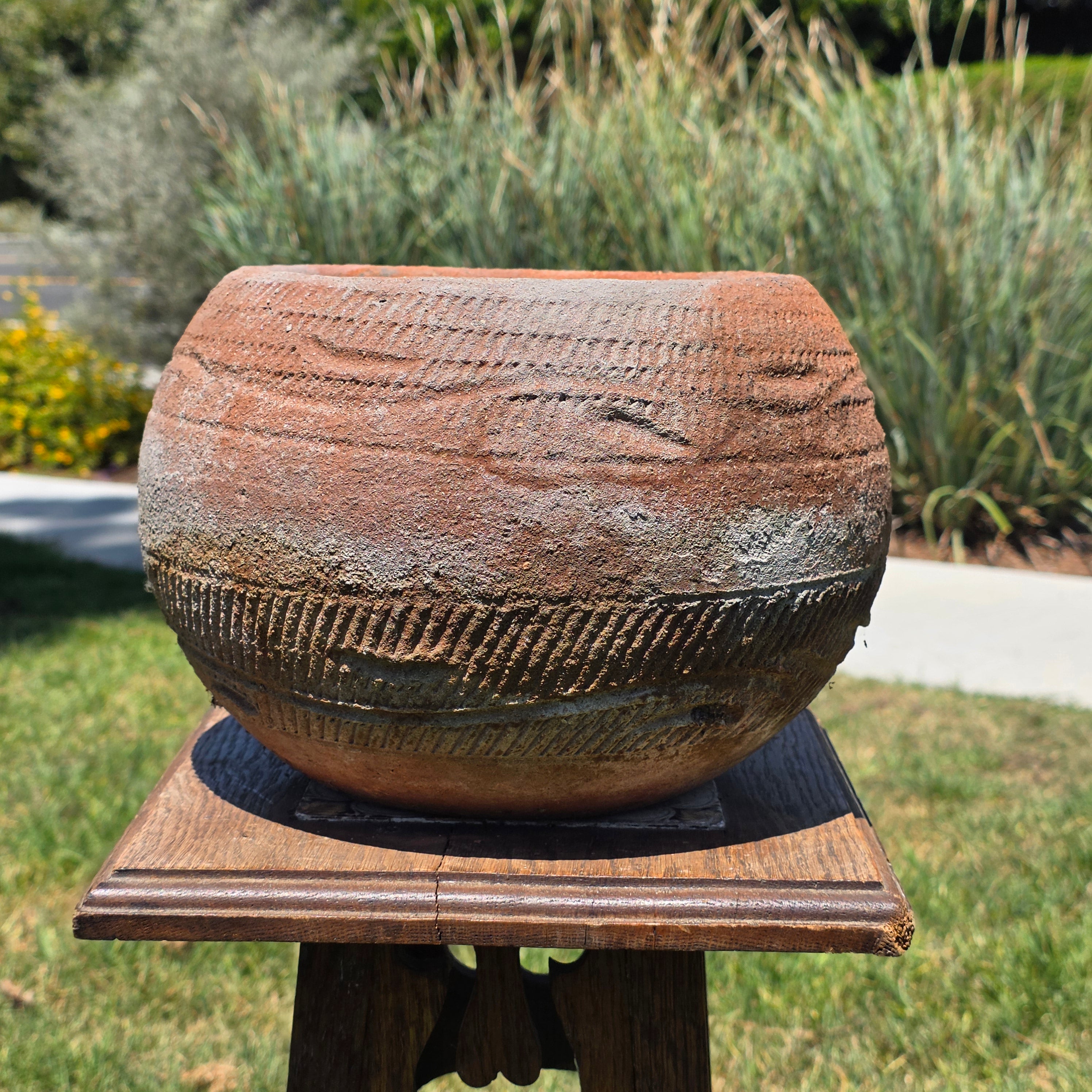 Vintage Rustic Terracotta Planter Pot Round Primitive Textured Clay Wabi-Sabi 11"