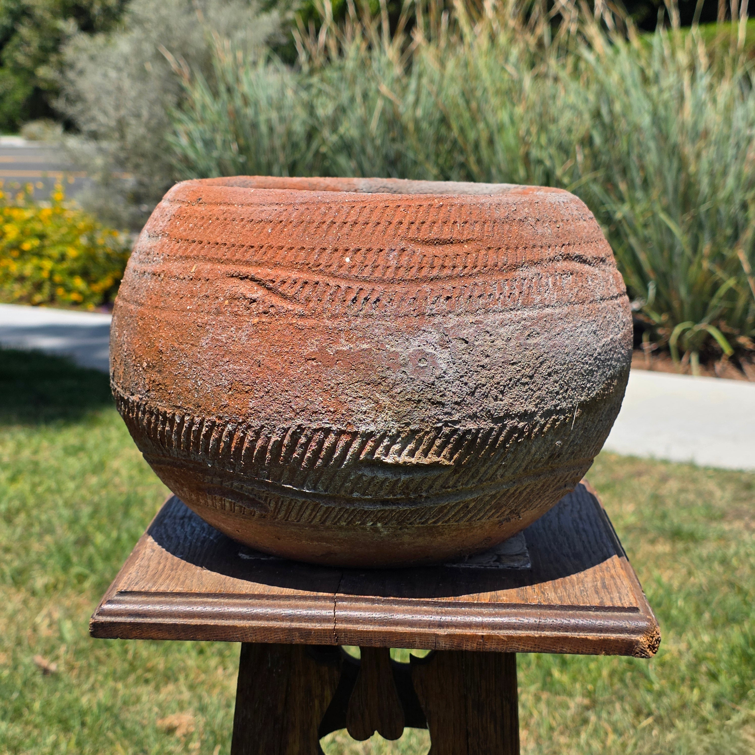 Vintage Rustic Terracotta Planter Pot Round Primitive Textured Clay Wabi-Sabi 11"