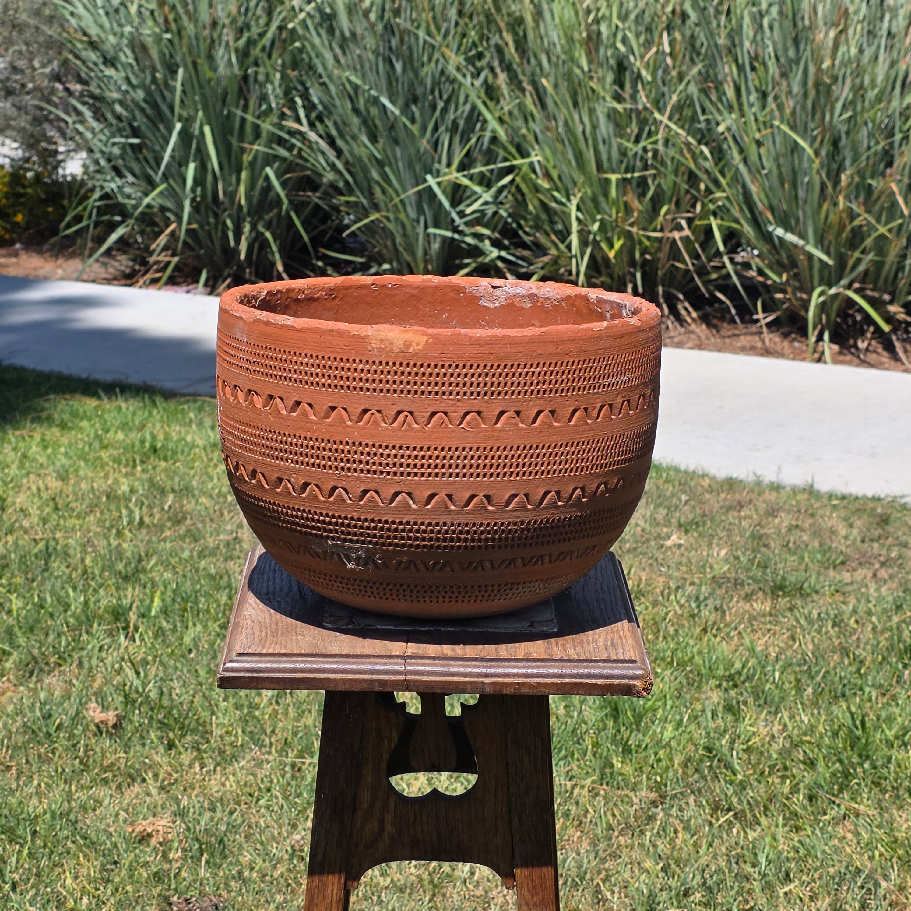 Vintage Large Terracotta Planter Pot Geometric Aztec Southwestern Clay 11.5"