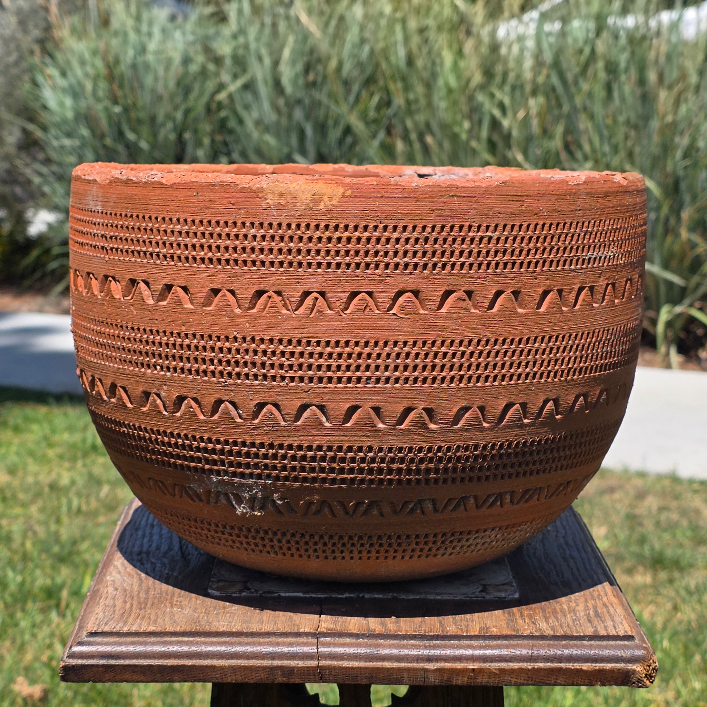 Vintage Large Terracotta Planter Pot Geometric Aztec Southwestern Clay 11.5"