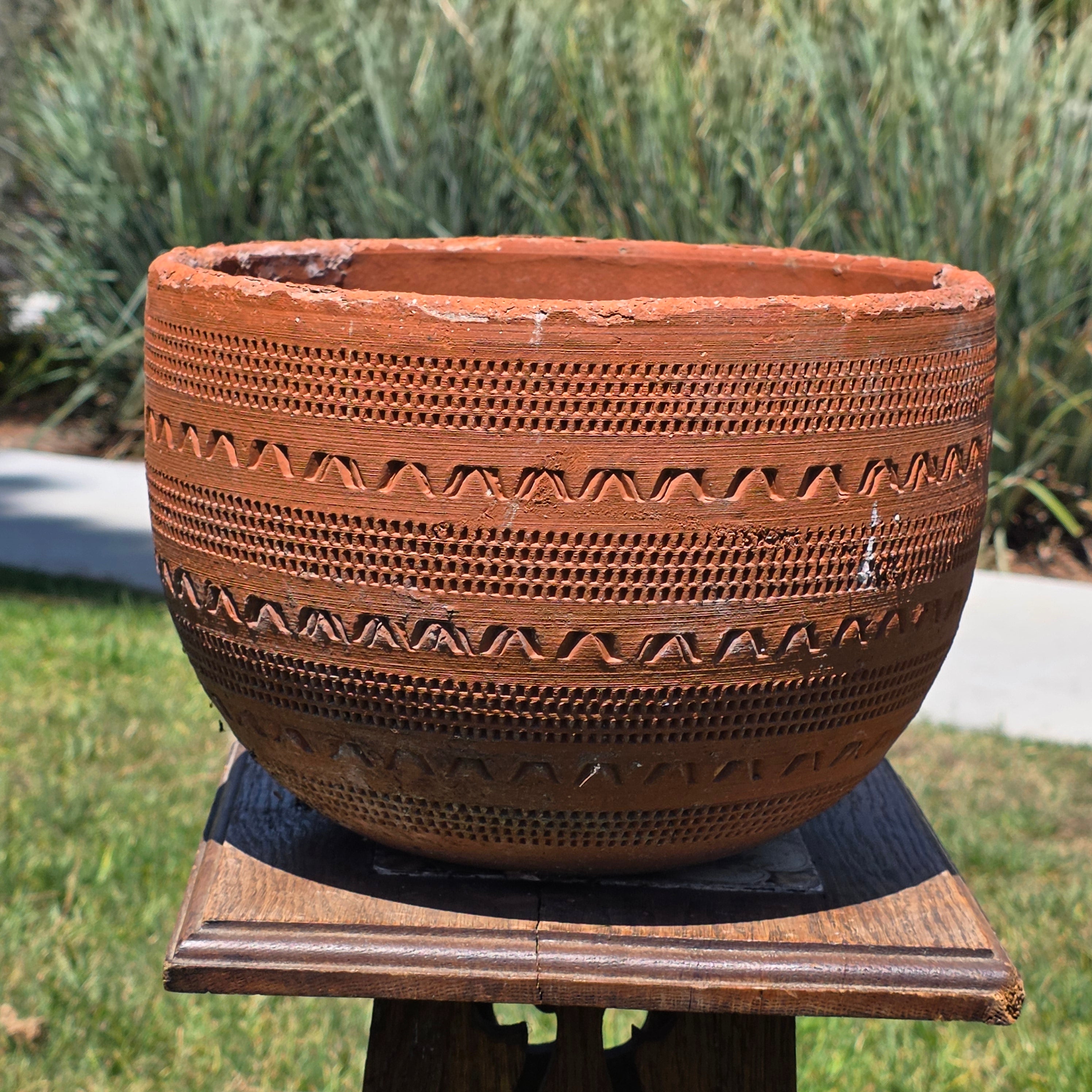 Vintage Large Terracotta Planter Pot Geometric Aztec Southwestern Clay 11.5"