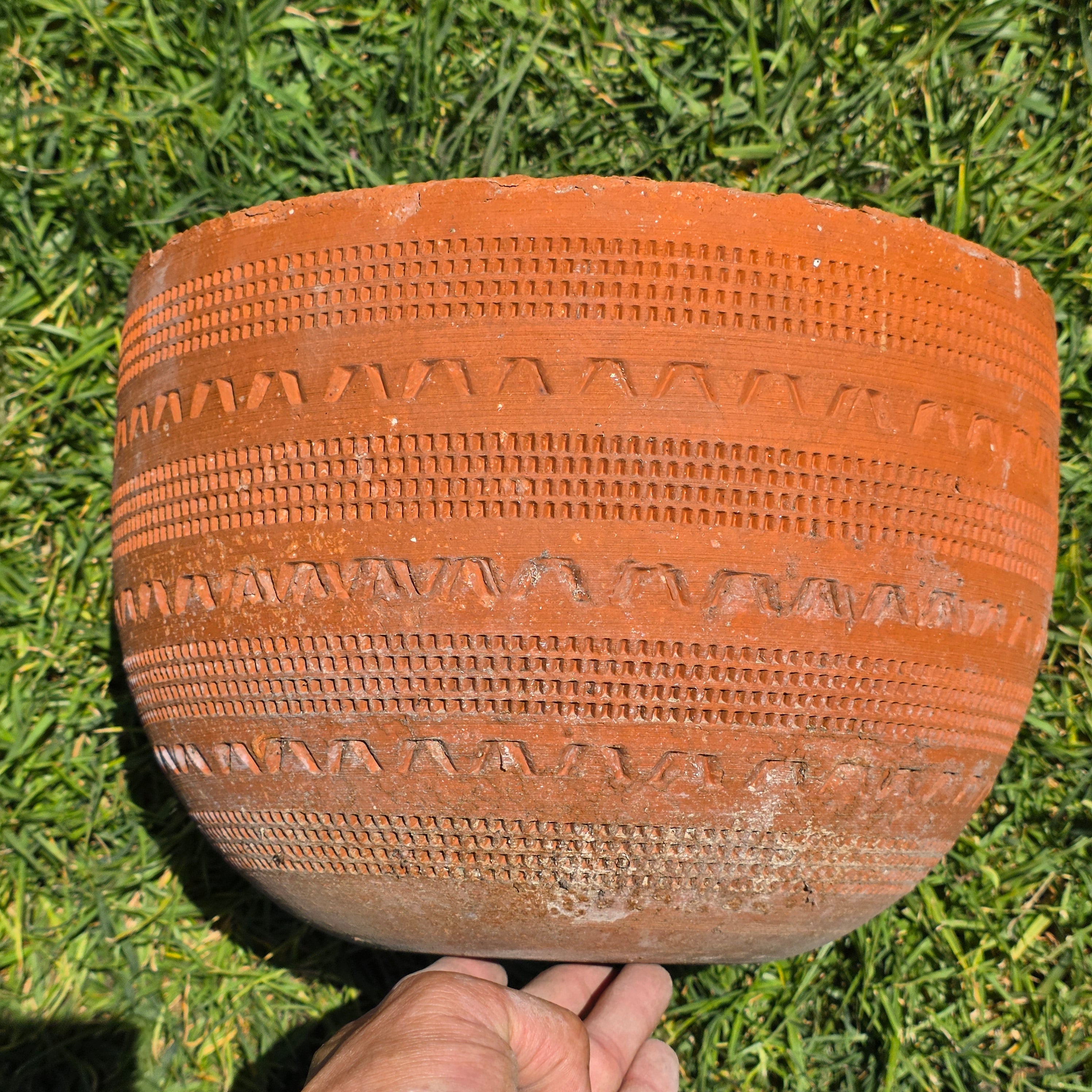 Vintage Large Terracotta Planter Pot Geometric Aztec Southwestern Clay 11.5"